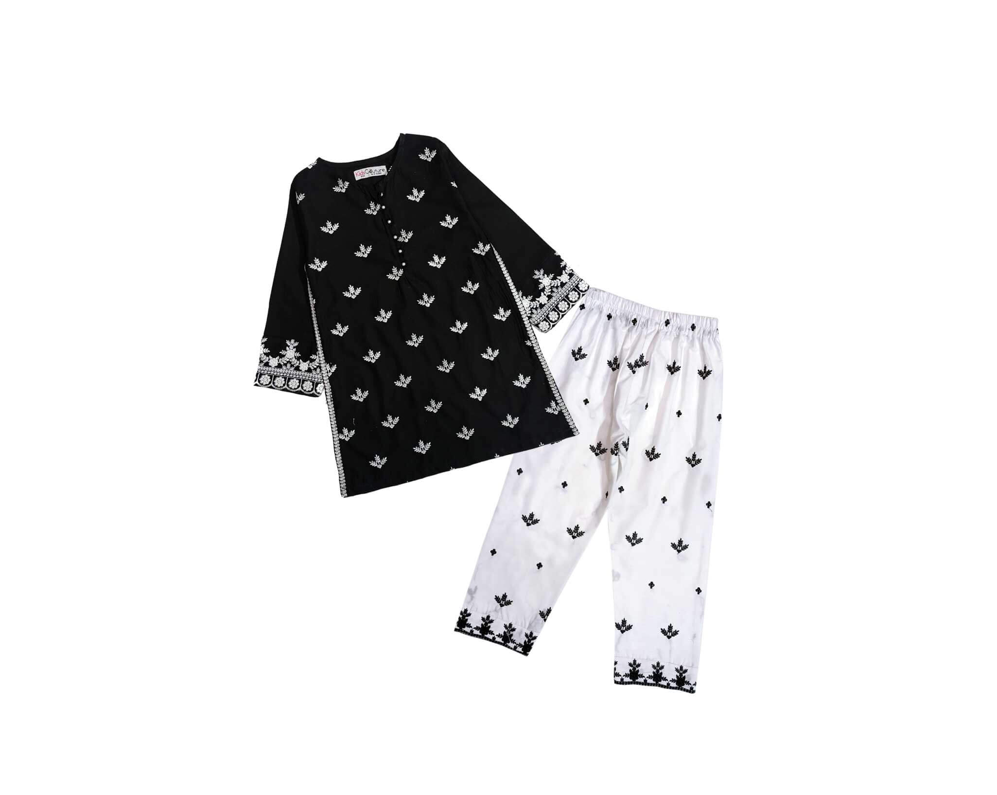 Royal Festive Embroidery Kurta & Trouser - Black & White