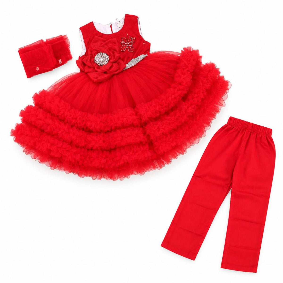 Royal Red Flower & Butterfly Wings Party Frock With Trouser - Red