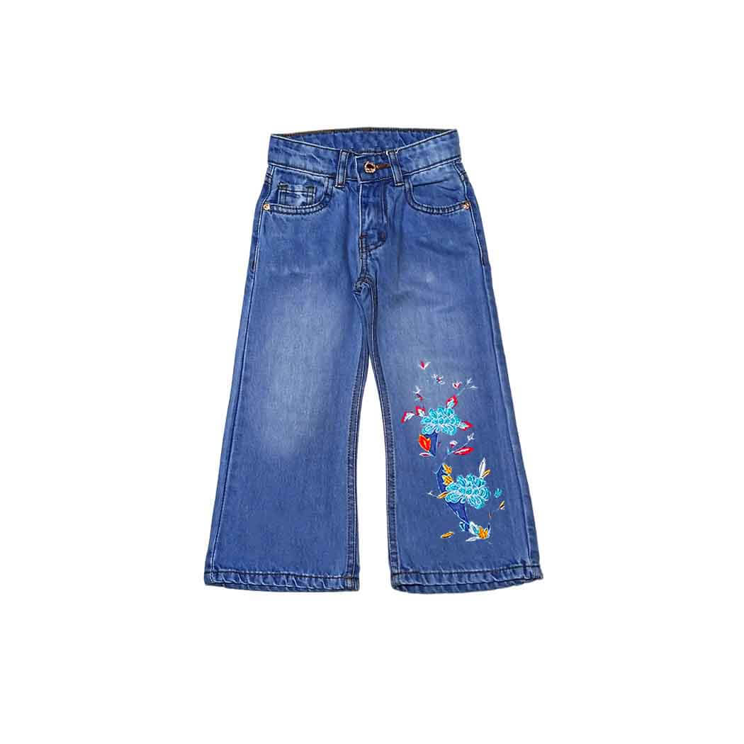 Sea Green Floral Flapper Denim Pant - Blue
