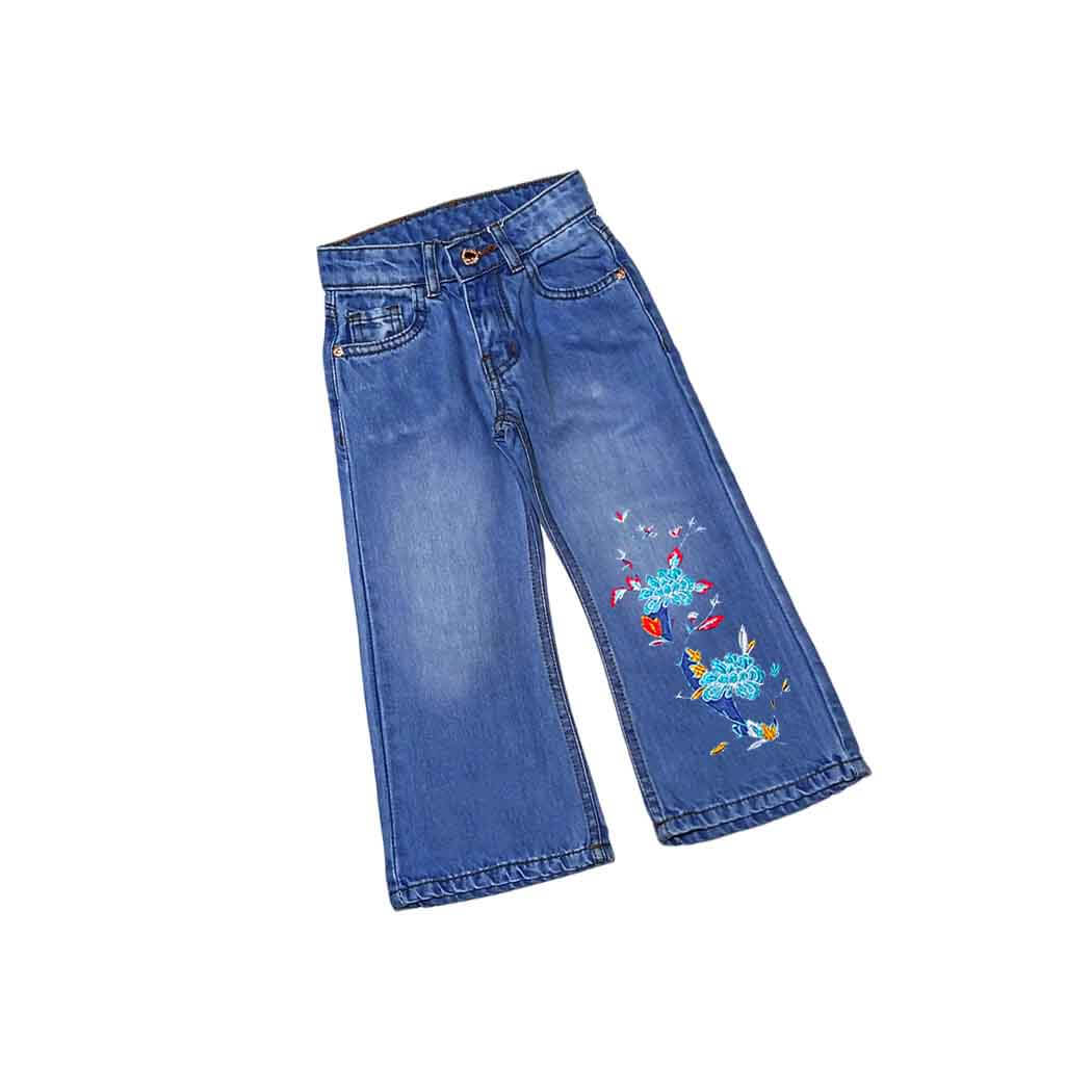 Sea Green Floral Flapper Denim Pant - Blue