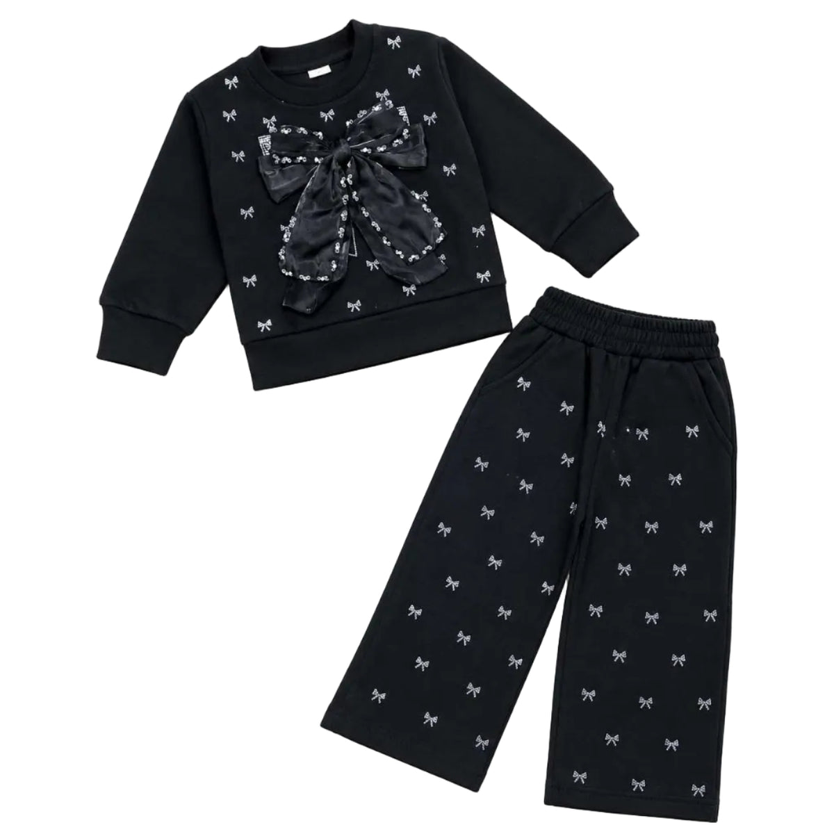 Sequence Girls’ Black Bow Embellished 2-Piece Fleece Tracksuit - Black
