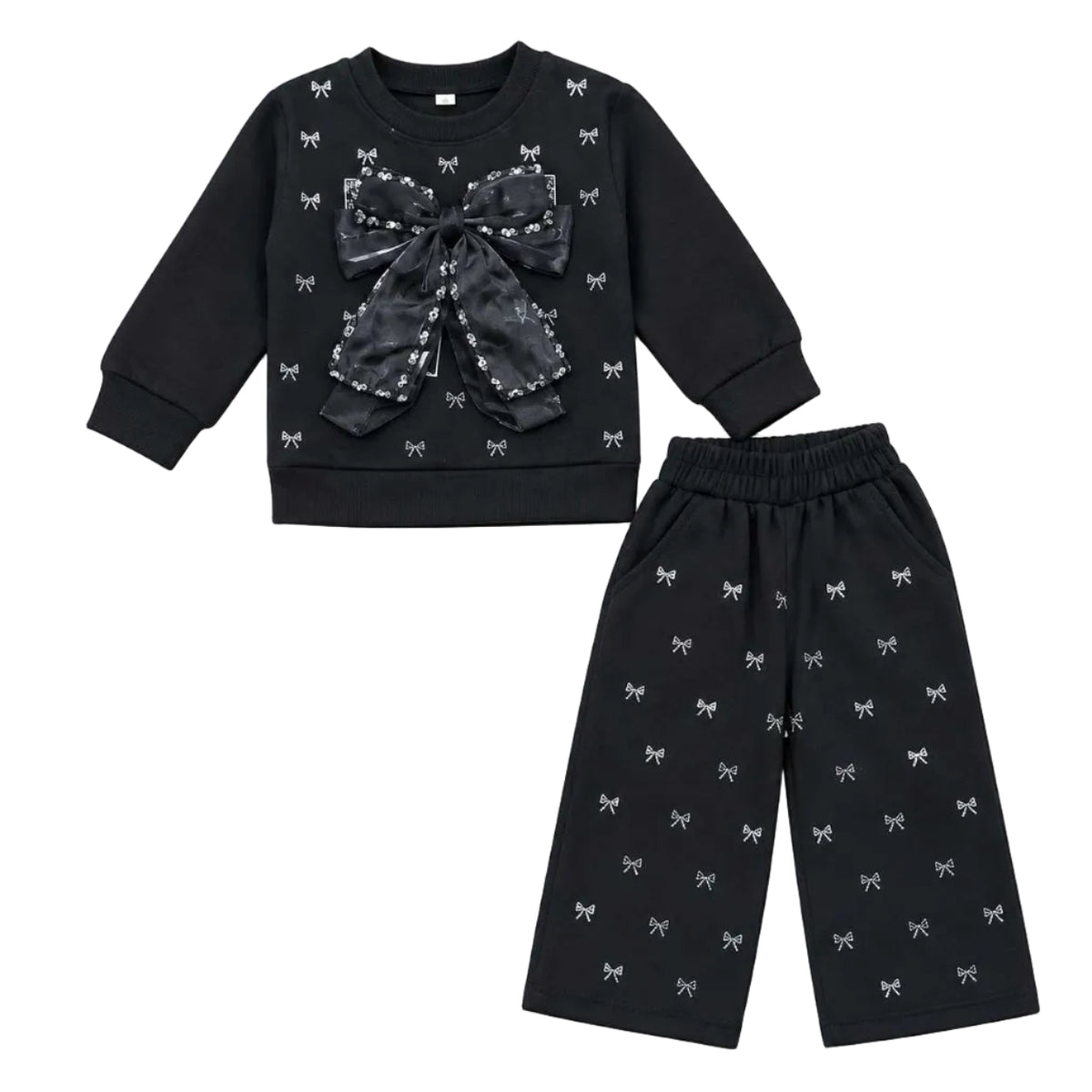 Sequence Girls’ Black Bow Embellished 2-Piece Fleece Tracksuit - Black