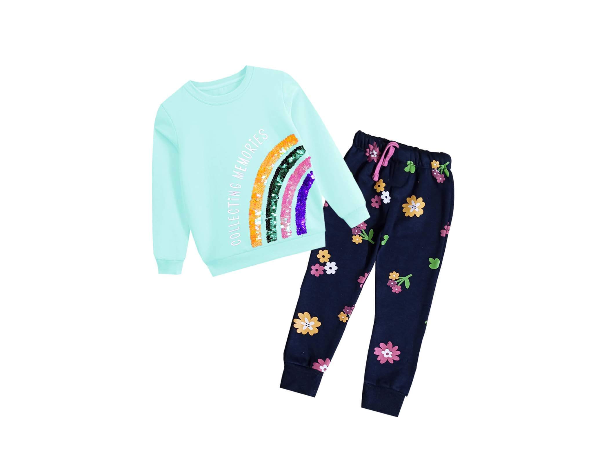 Sequin Rainbow Flowers Fleece Tracksuit - Sea Green &amp; Navy Blue