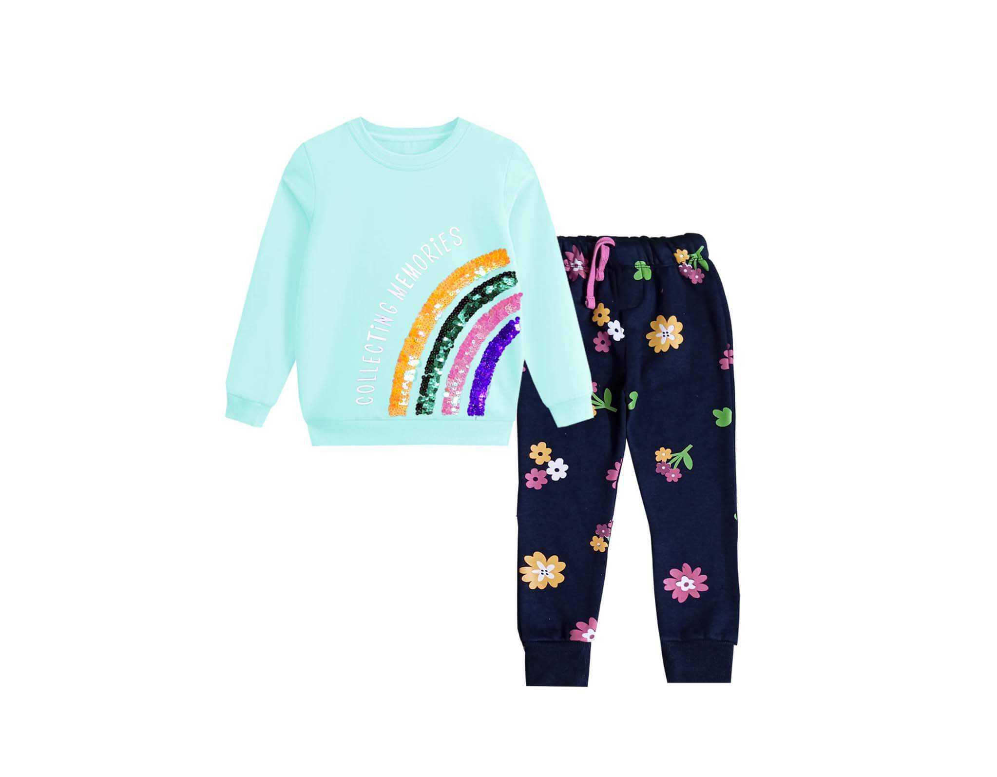 Sequin Rainbow Flowers Fleece Tracksuit - Sea Green &amp; Navy Blue