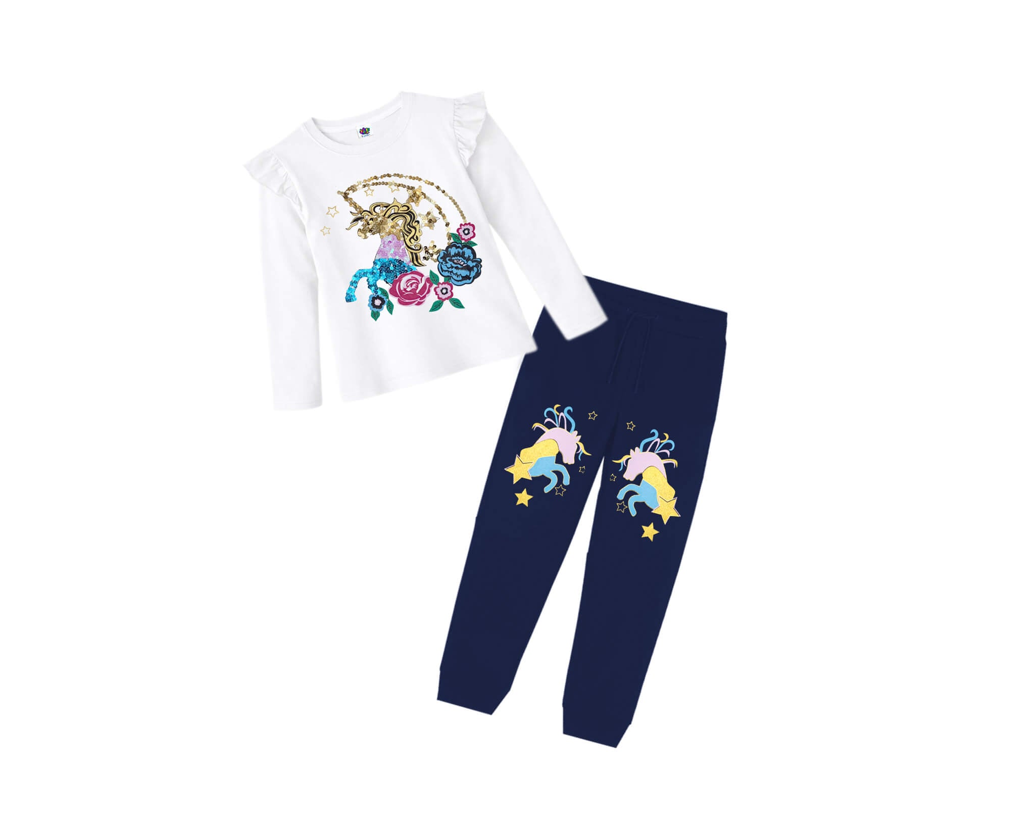 Sequin Unicorn With Flowers  Full Sleeves Tee &amp; Trouser – White &amp; Navy Blue