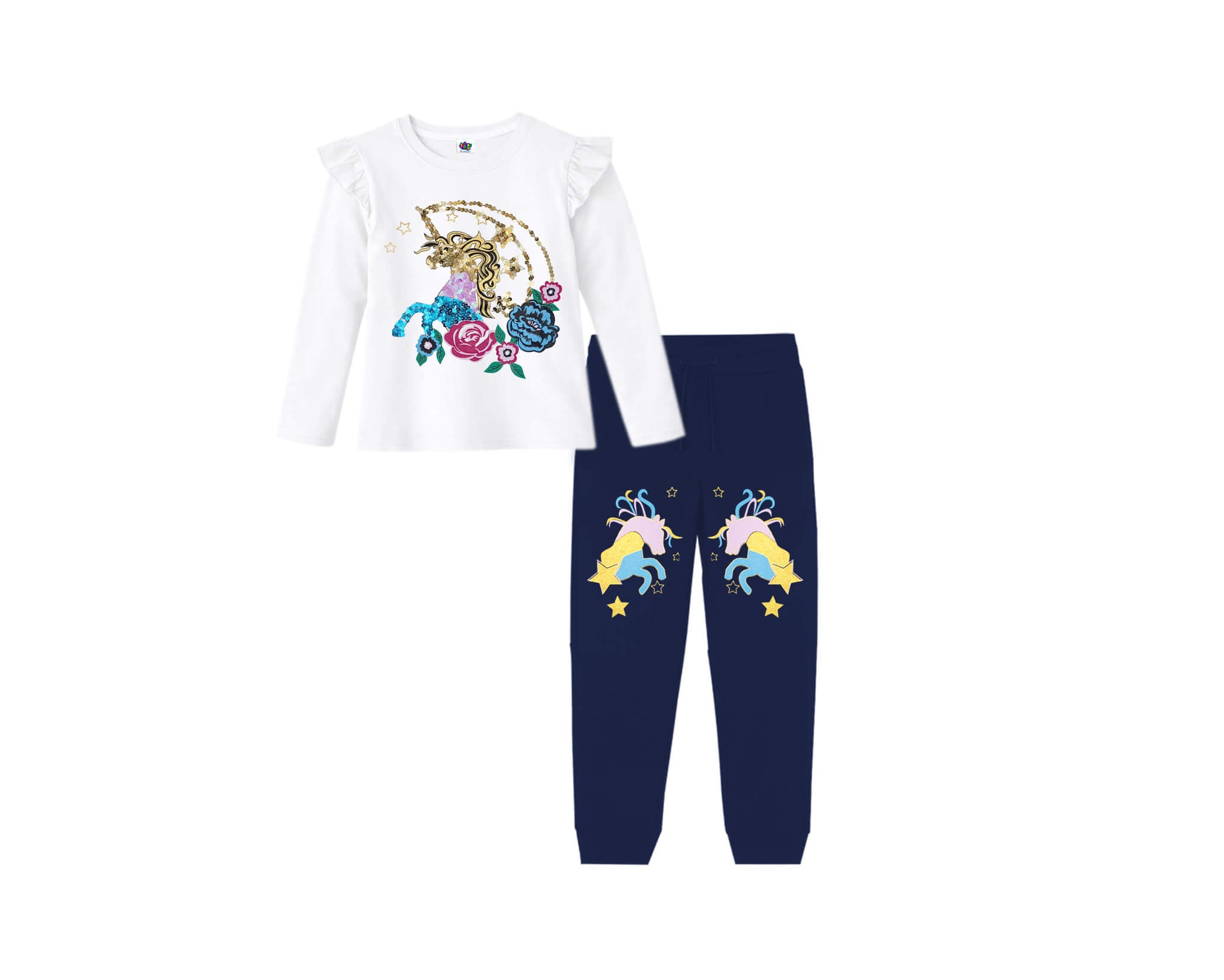Sequin Unicorn With Flowers  Full Sleeves Tee &amp; Trouser – White &amp; Navy Blue