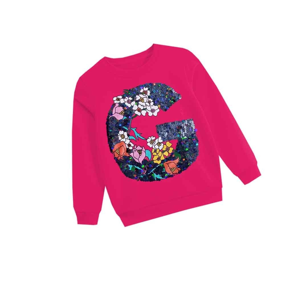 Sequin Alphabat G Floral Fleece Sweatshirts  - Shocking Pink-1