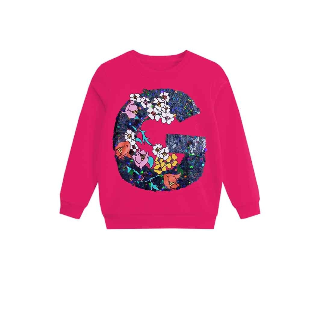 Sequin Alphabat G Floral Fleece Sweatshirts  - Shocking Pink