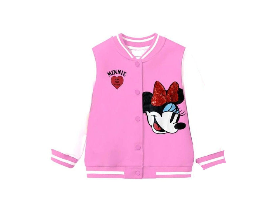 Sequin Bow Minnie Fleece Baseball Jacket - Baby Pink