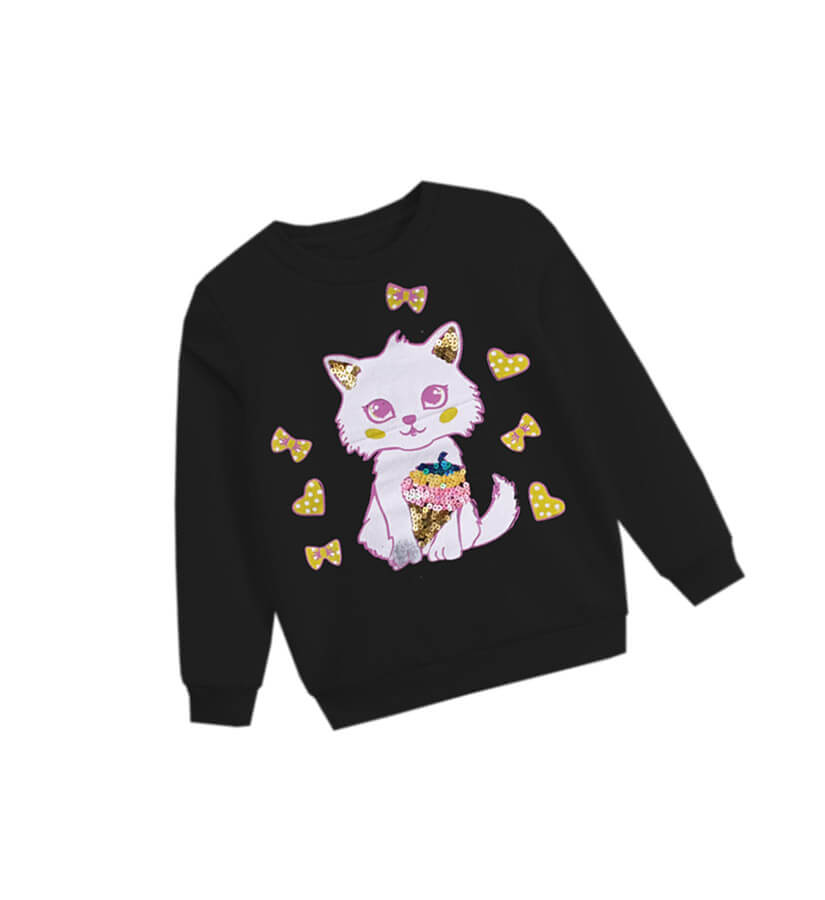 Sequins IceCream Kitty Fleece Sweatshir -Black