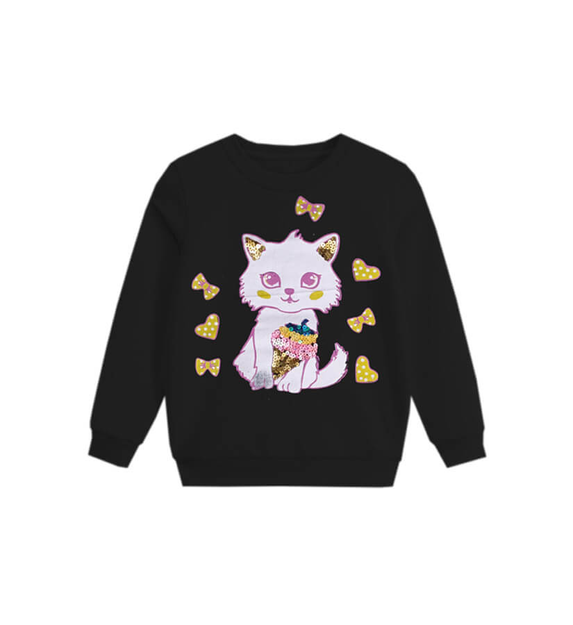 Sequins IceCream Kitty Fleece Sweatshir -Black