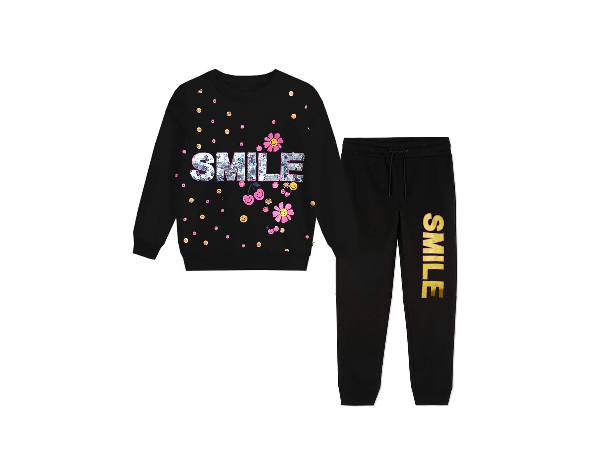 SequinsSmileFlowersFleeceTracksuits-Black