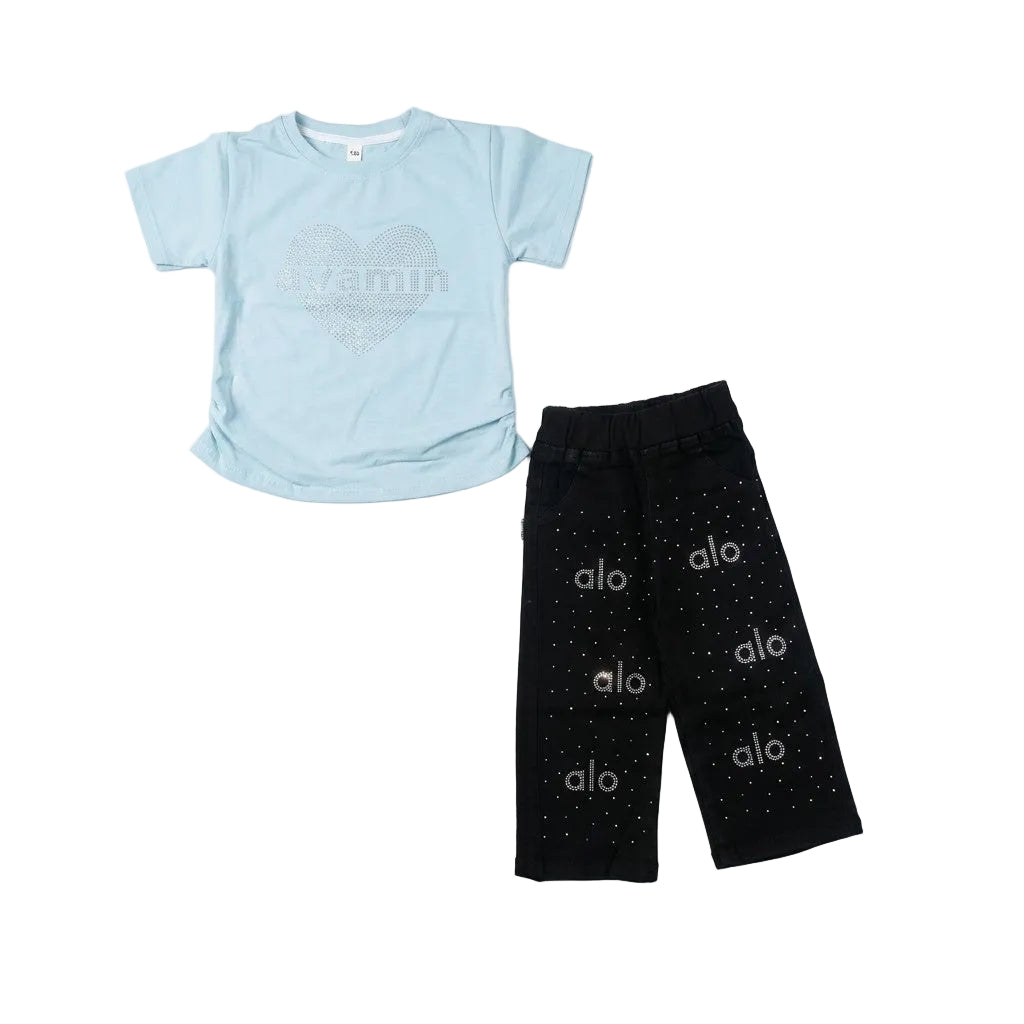 Sequins Heart Sky Blue Shirt & Black Pant