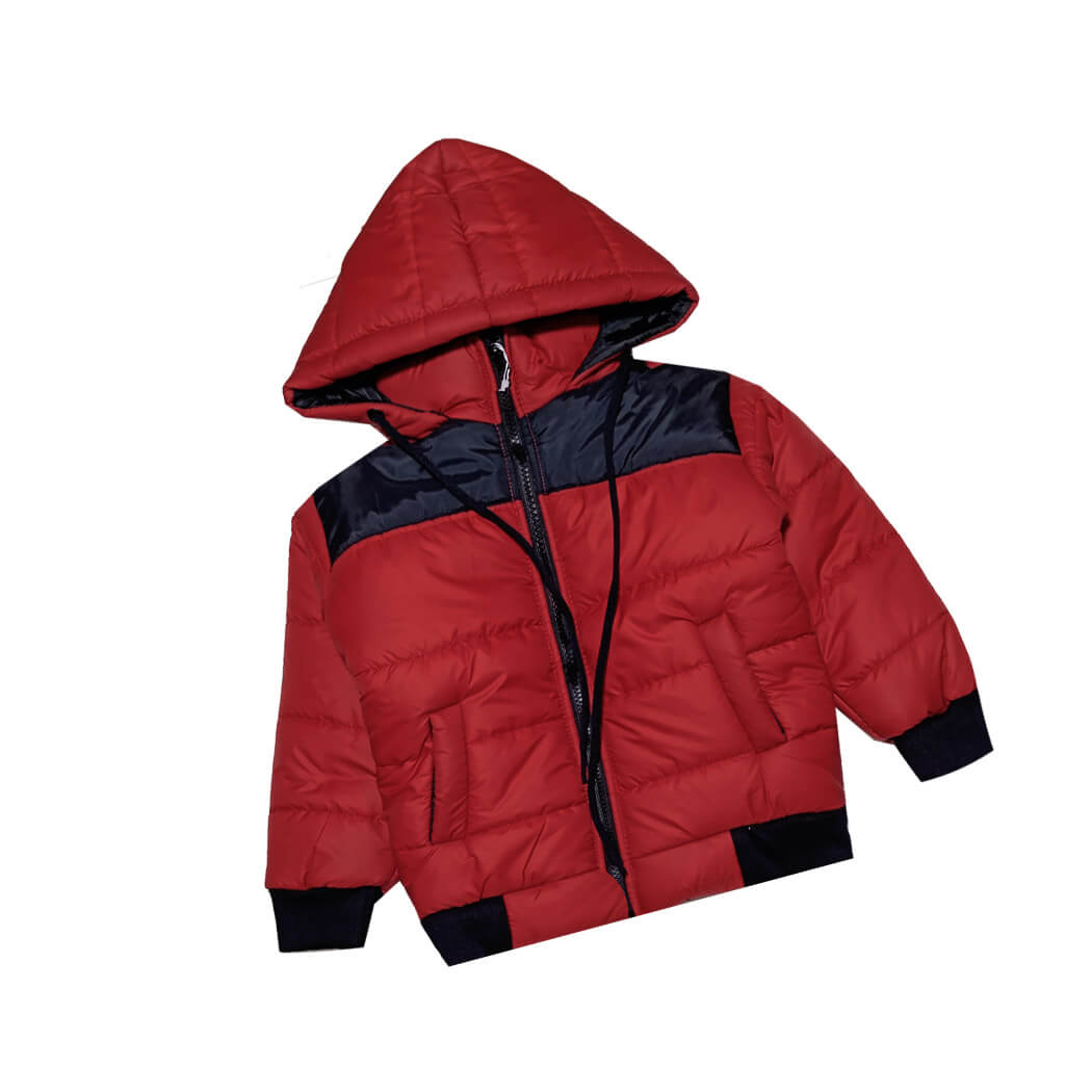 Shoulder Pennal Boys &amp; Girls Hooded Puffer Jacket - Black Red