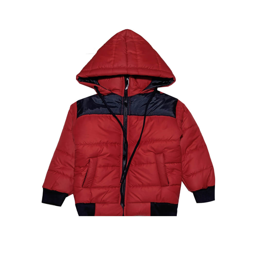 Shoulder Pennal Boys &amp; Girls Hooded Puffer Jacket - Black Red
