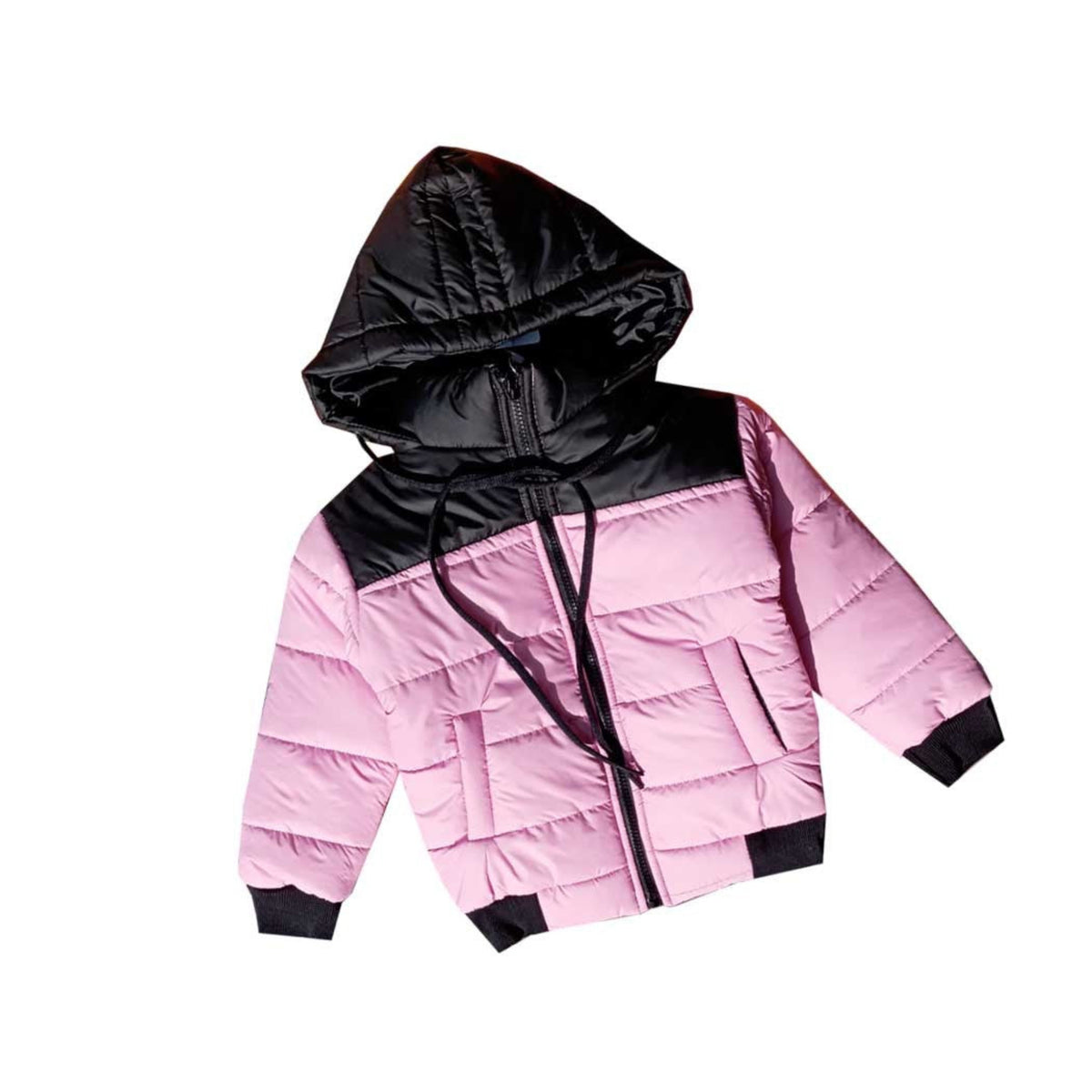 Shoulder Pennal Hooded Puffer Jacket - Black & Baby Pink