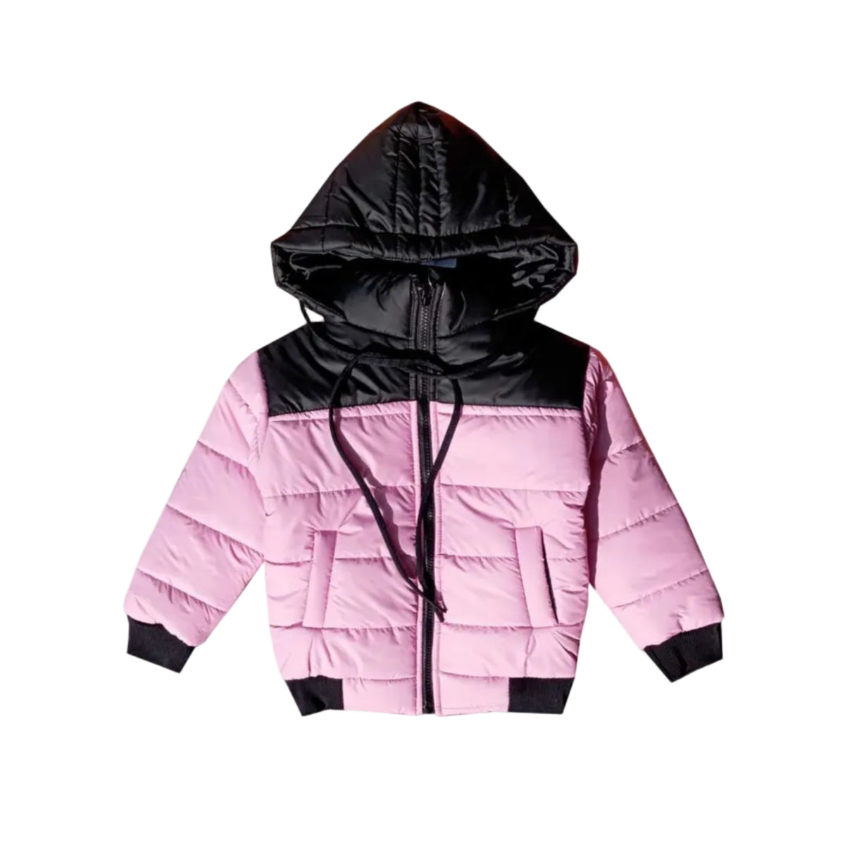 Shoulder Pennal Hooded Puffer Jacket - Black & Baby Pink