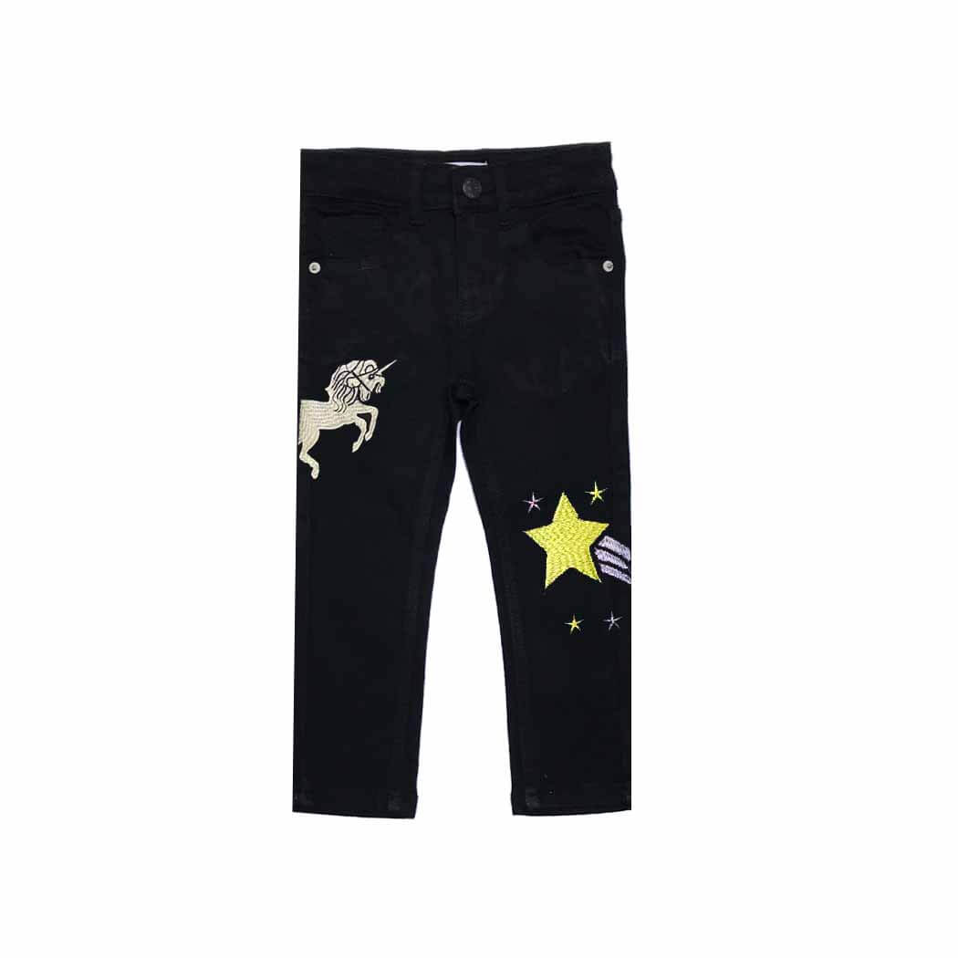 Silver Unicorn With Stars Denim Pent - Black
