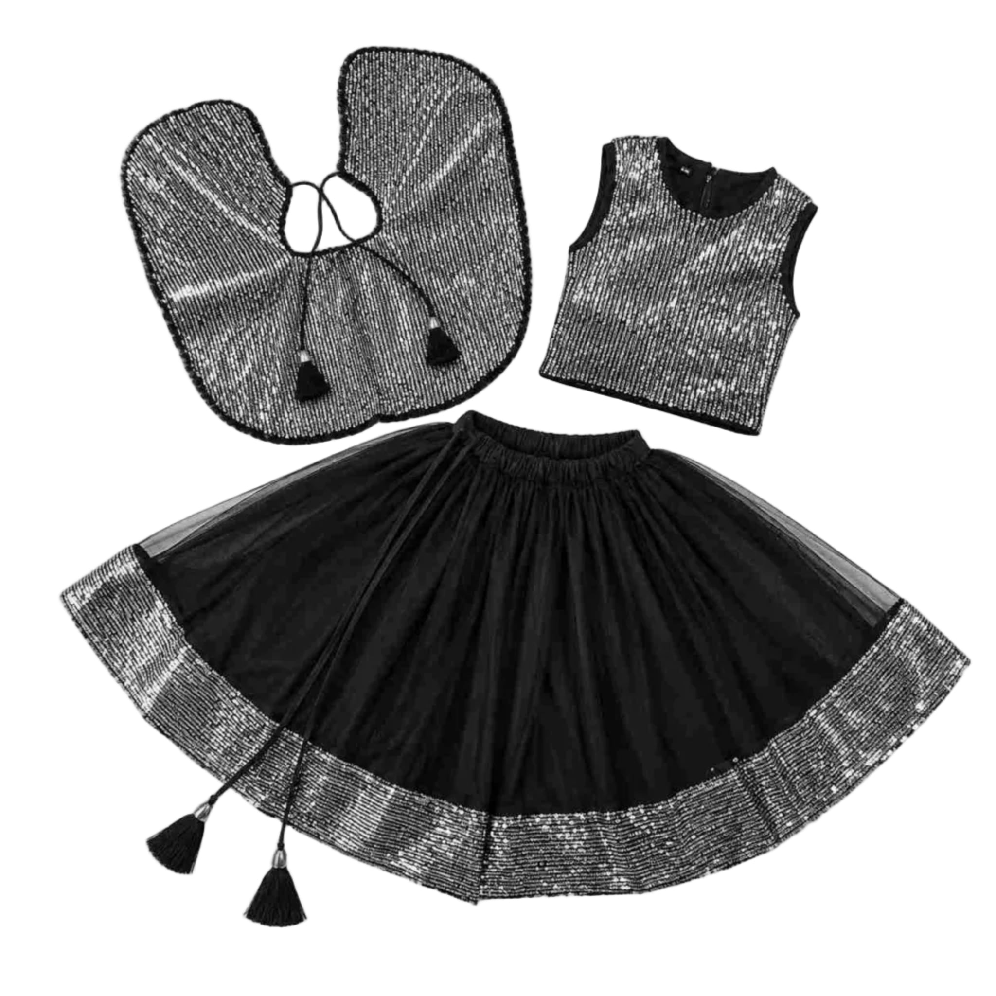 Silver Sequence Lehenga With Top & Net Collar - Silver & Black