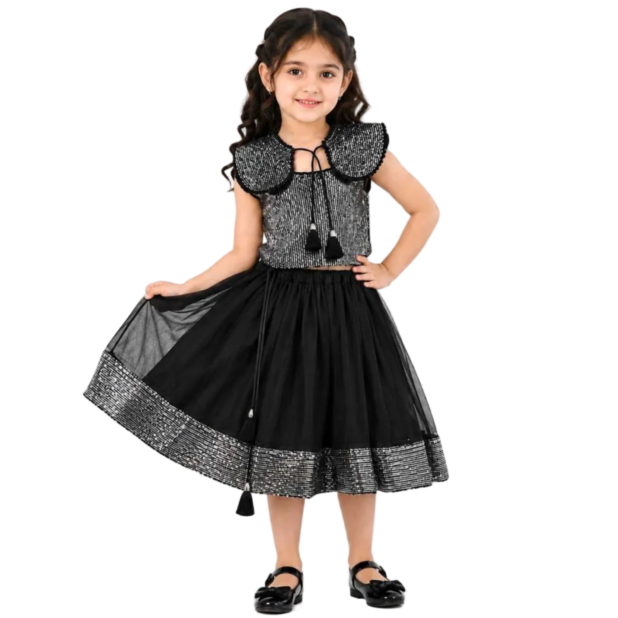 Silver Sequence Lehenga With Top & Net Collar - Silver & Black