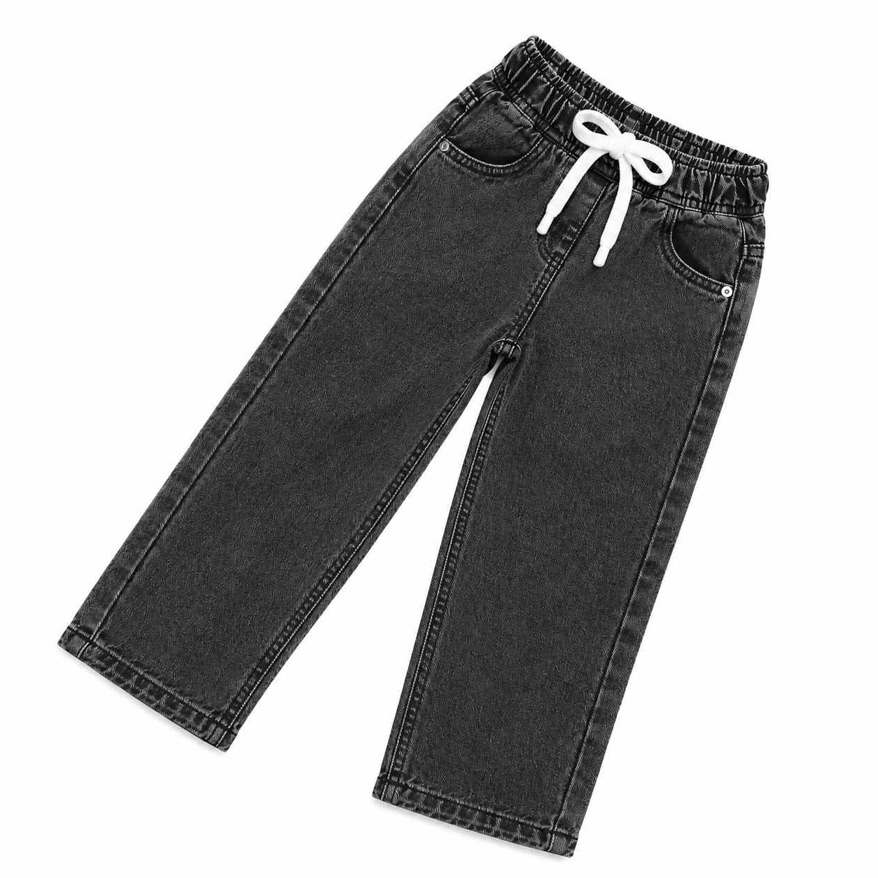 Simple Style Adjustable Waist Denim Pent - Charcoal