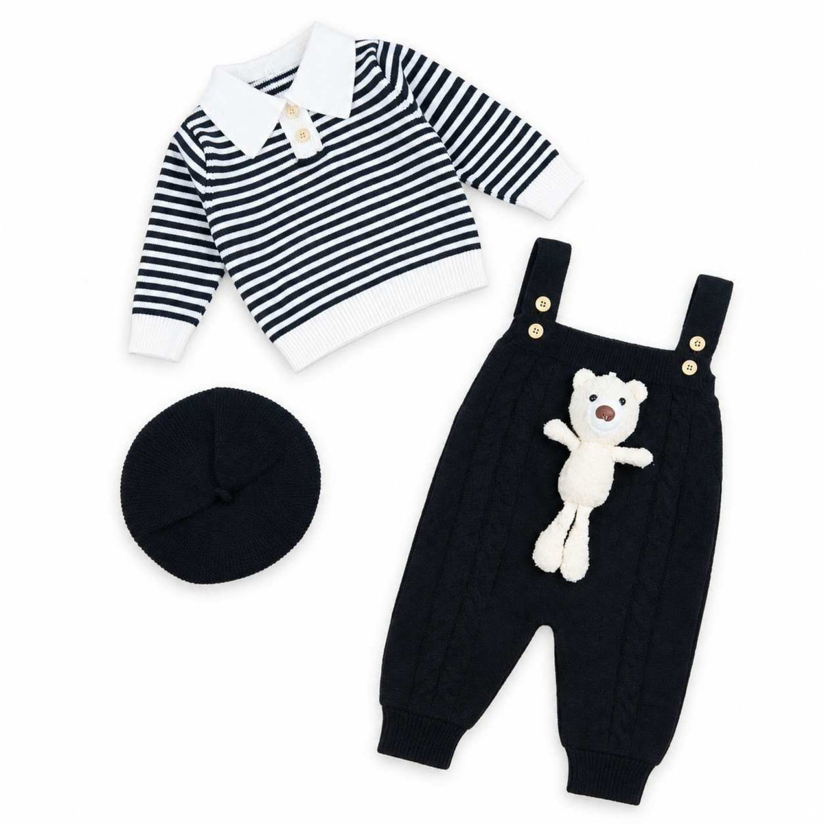 Skin & Black Striped Sweater & Dungaree Set with Cap - Black & Skin