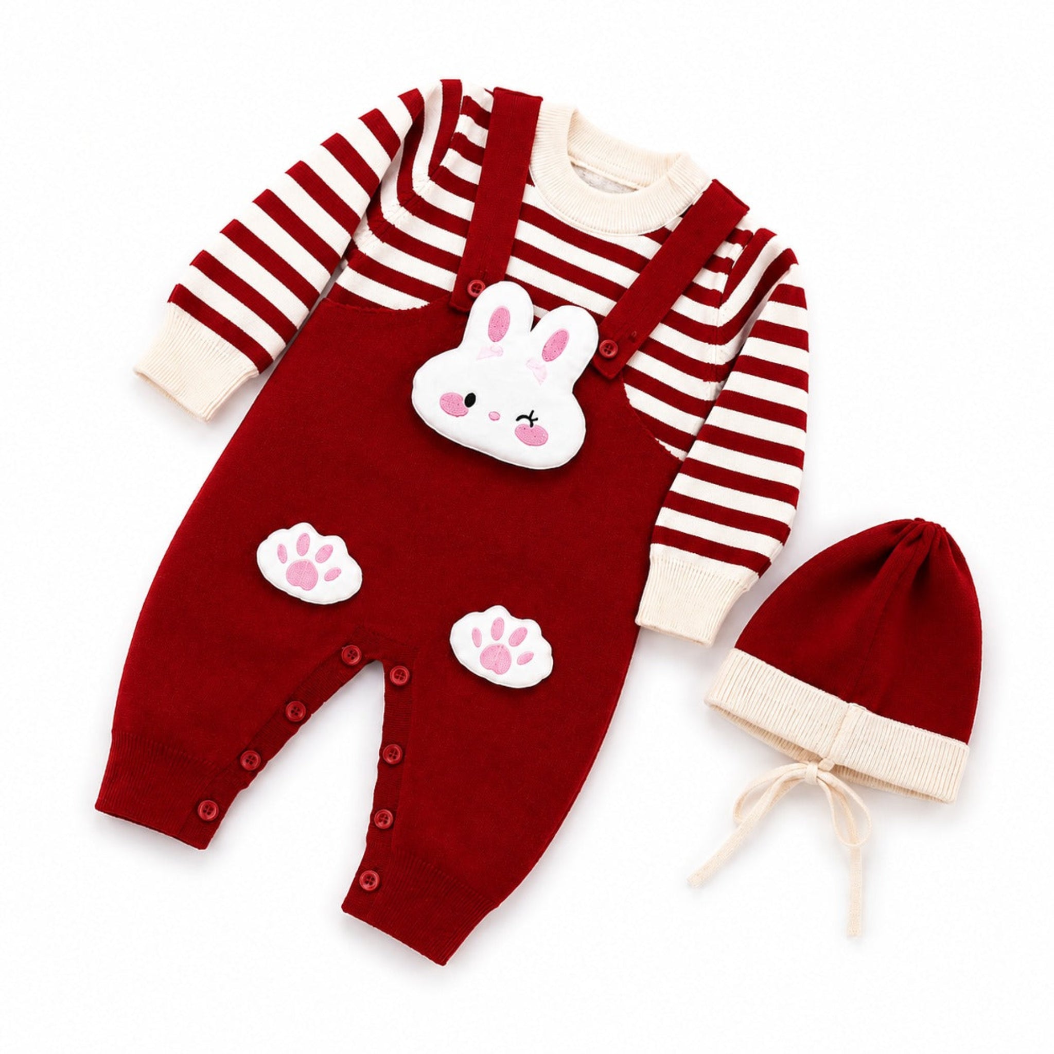 Skin Strips Wool Dungaree Suit with Cap - Burgundy