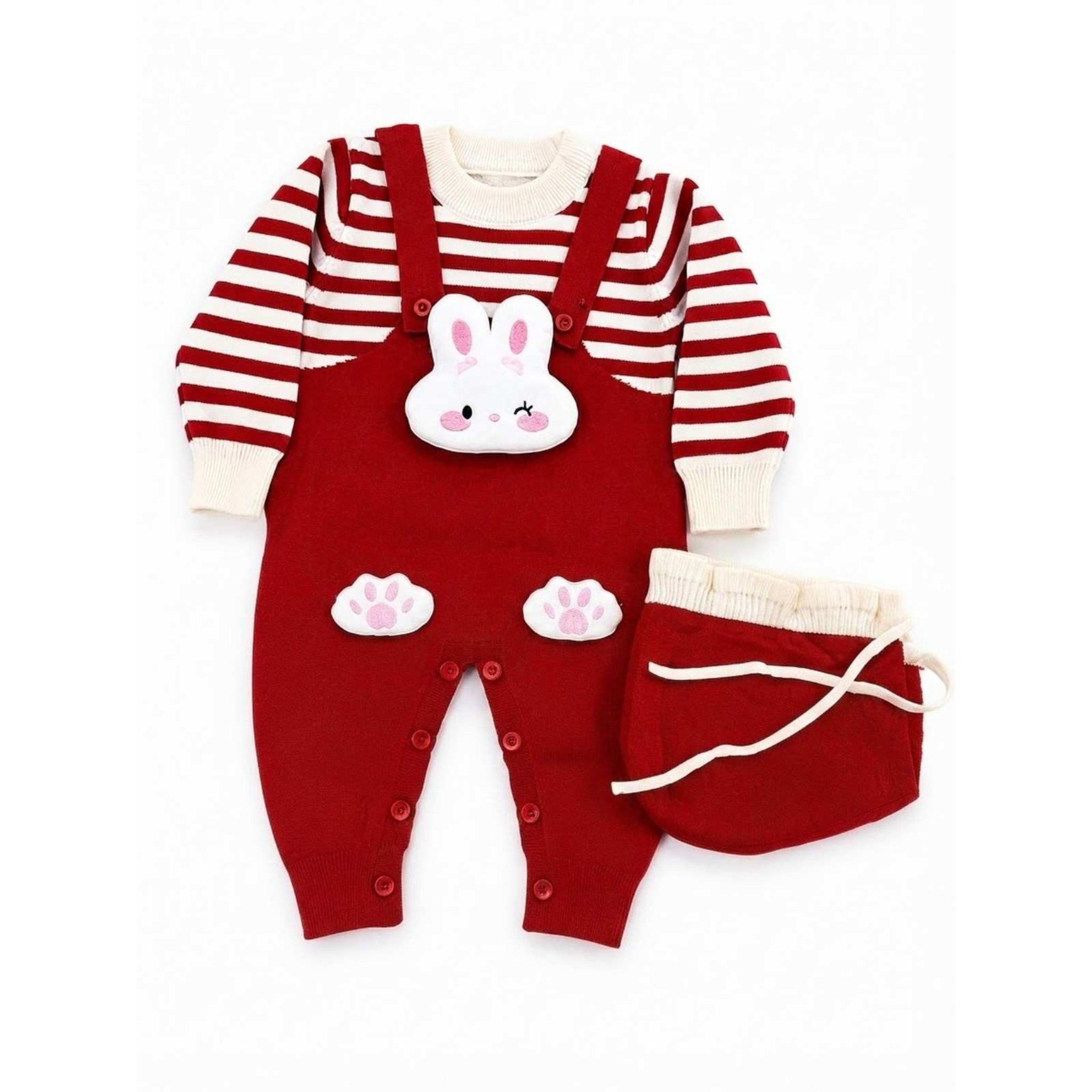Skin Strips Wool Dungaree Suit with Cap - Burgundy