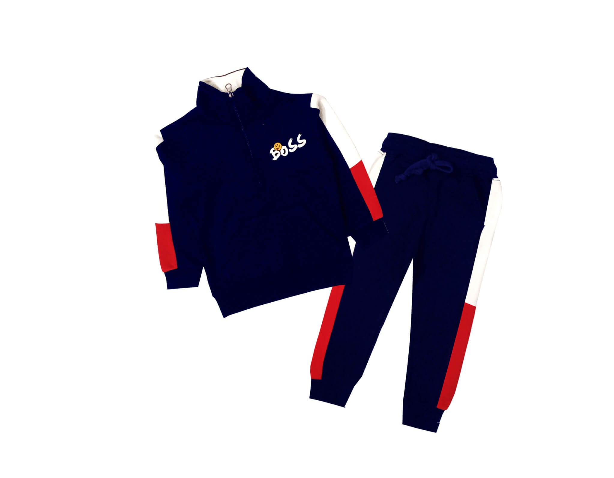 Smiley Boss Mock Neck with Penal Fleece Tracksuit - Navy Blue