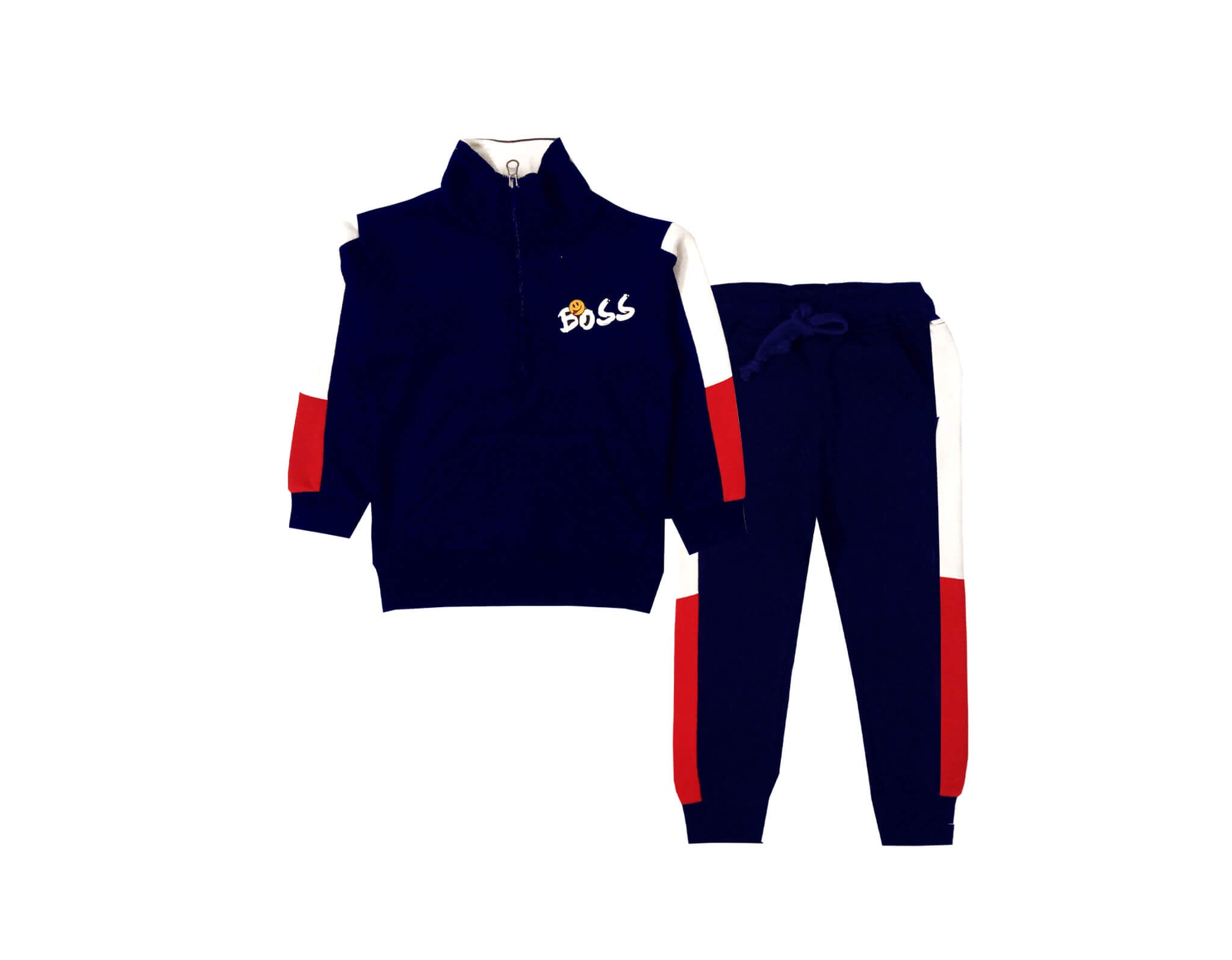 Smiley Boss Mock Neck with Penal Fleece Tracksuit - Navy Blue