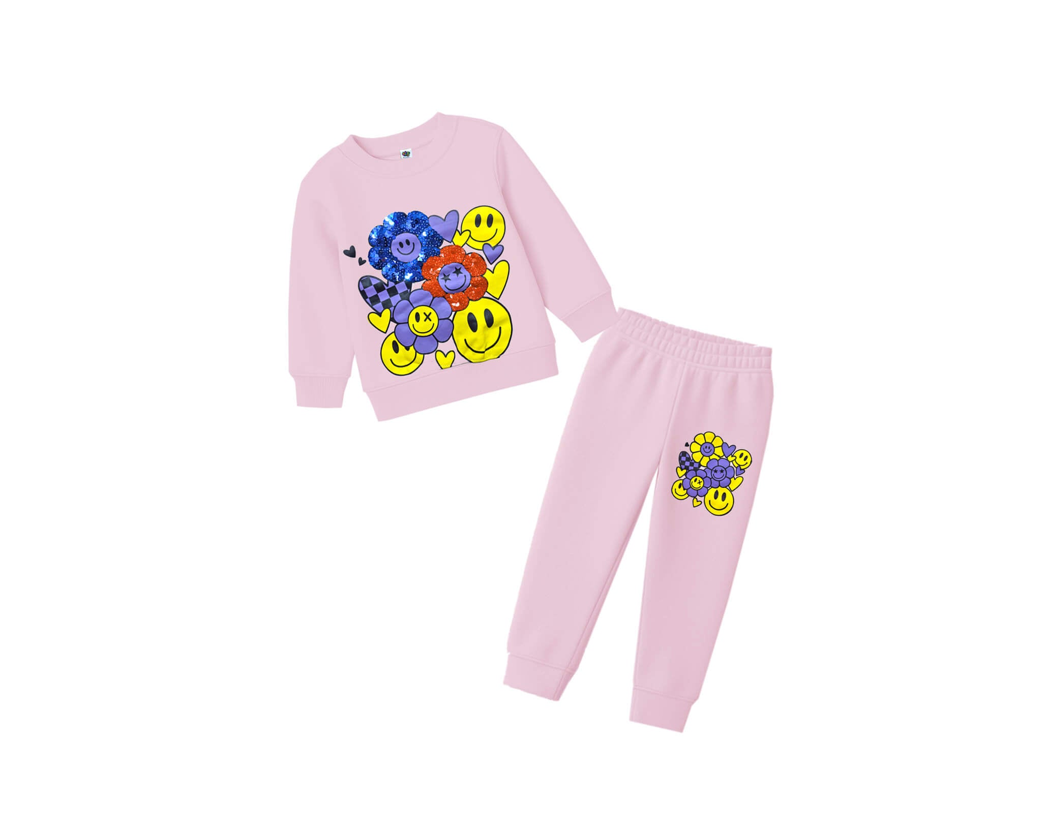 Smiley Sequins Sunflowers Fleece Tracksuit -Baby Pink