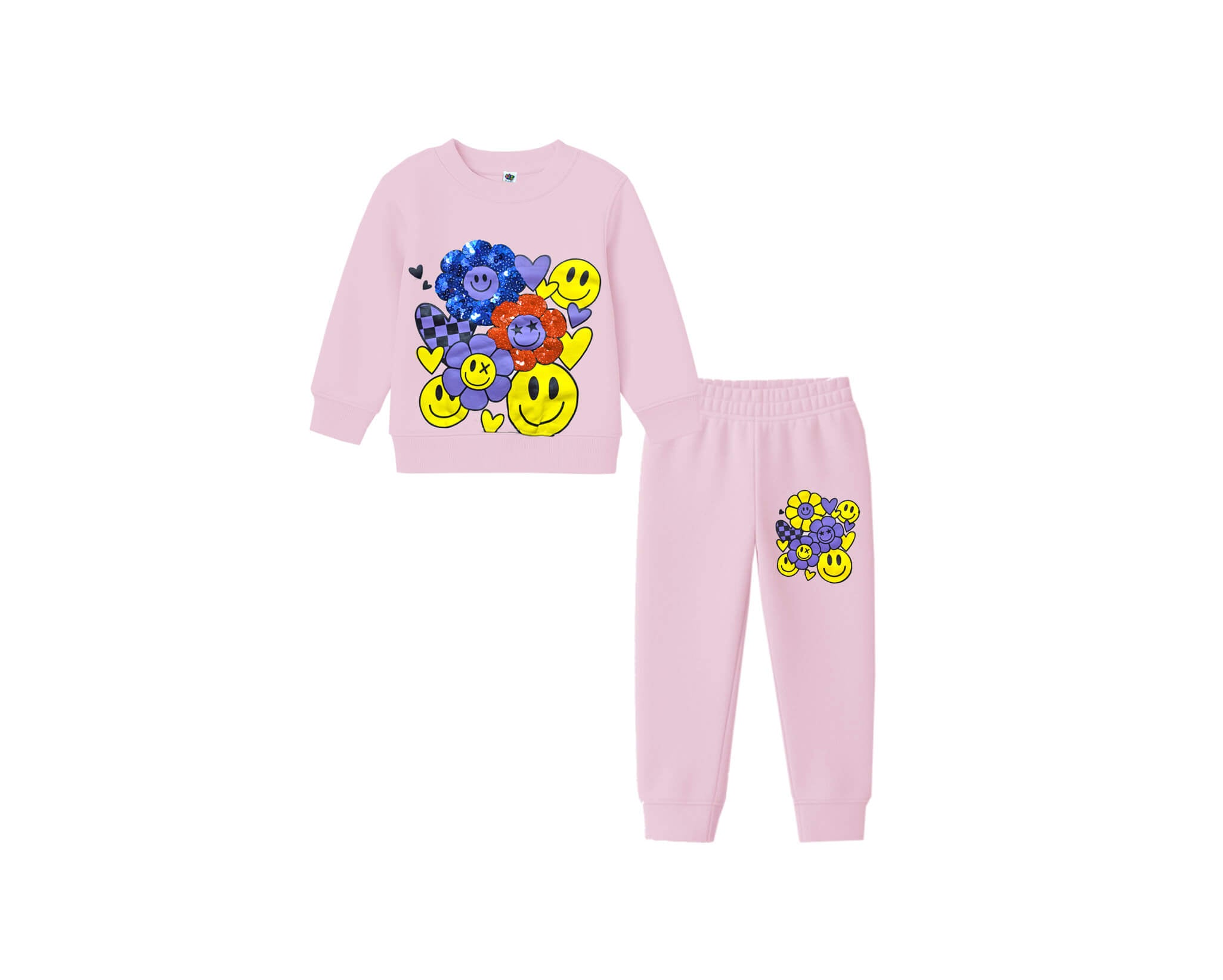 Smiley Sequins Sunflowers Fleece Tracksuit -Baby Pink