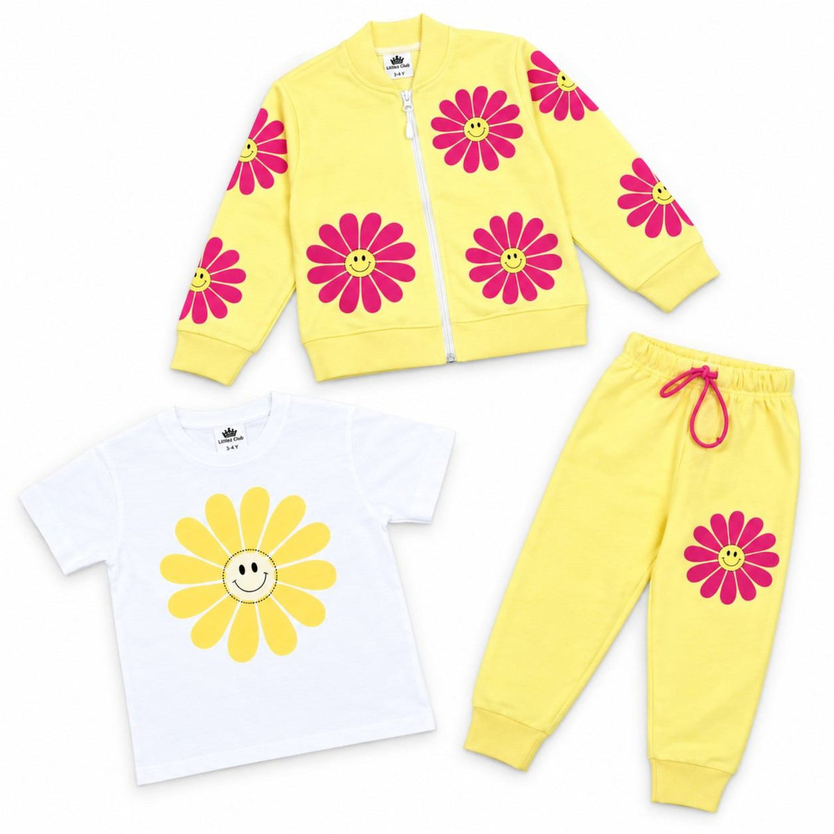 Smiley Flower Pink & Yellow 3-Piece Fleece Tracksuit - Yellow