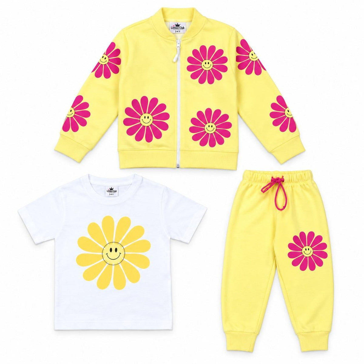 Smiley Flower Pink & Yellow 3-Piece Fleece Tracksuit - Yellow