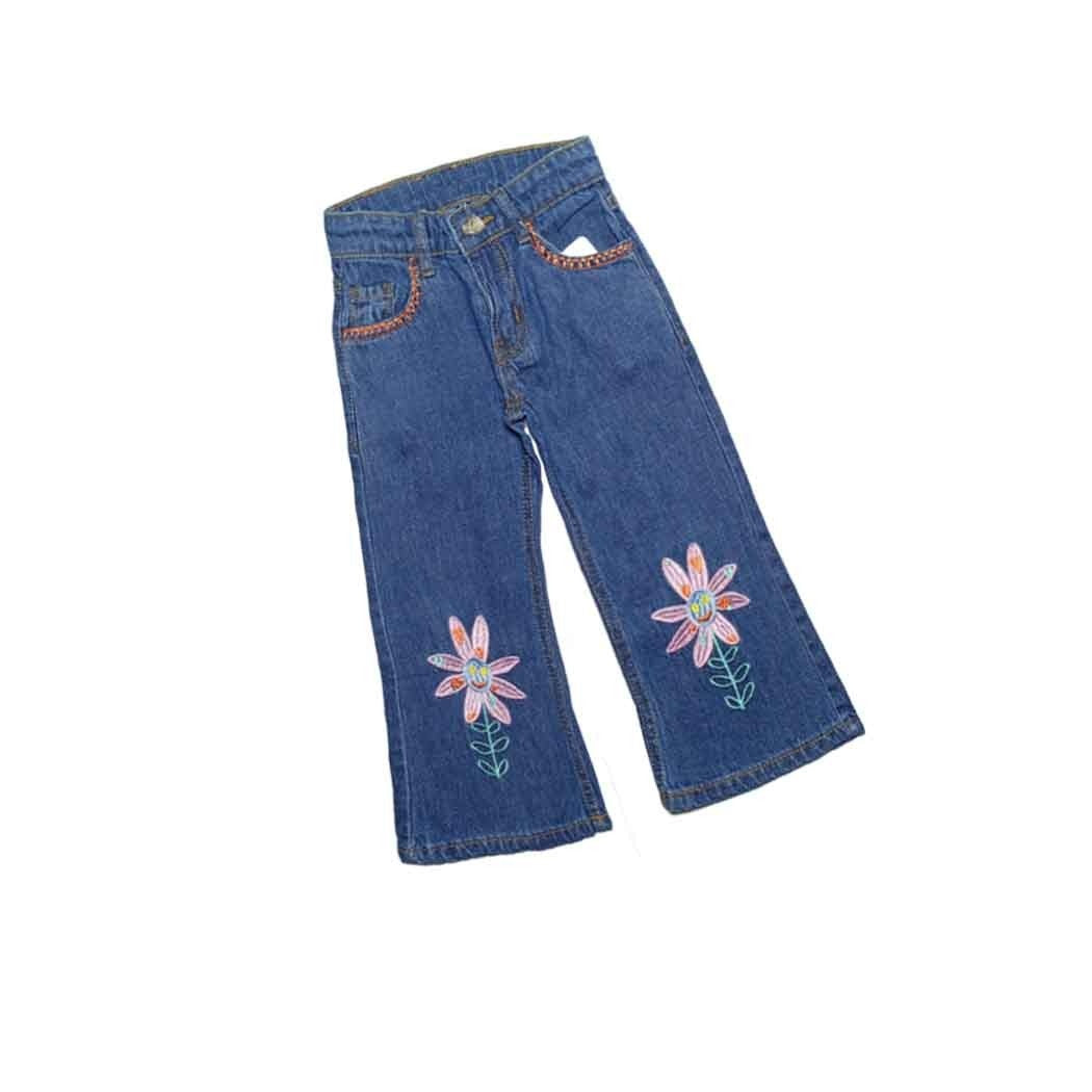 Smiley Sunflowers Flapper Denim Pant- Mid Blue