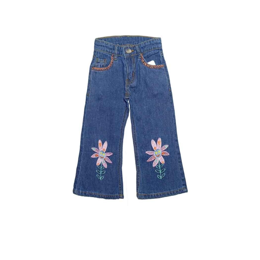 Smiley Sunflowers Flapper Denim Pant- Mid Blue
