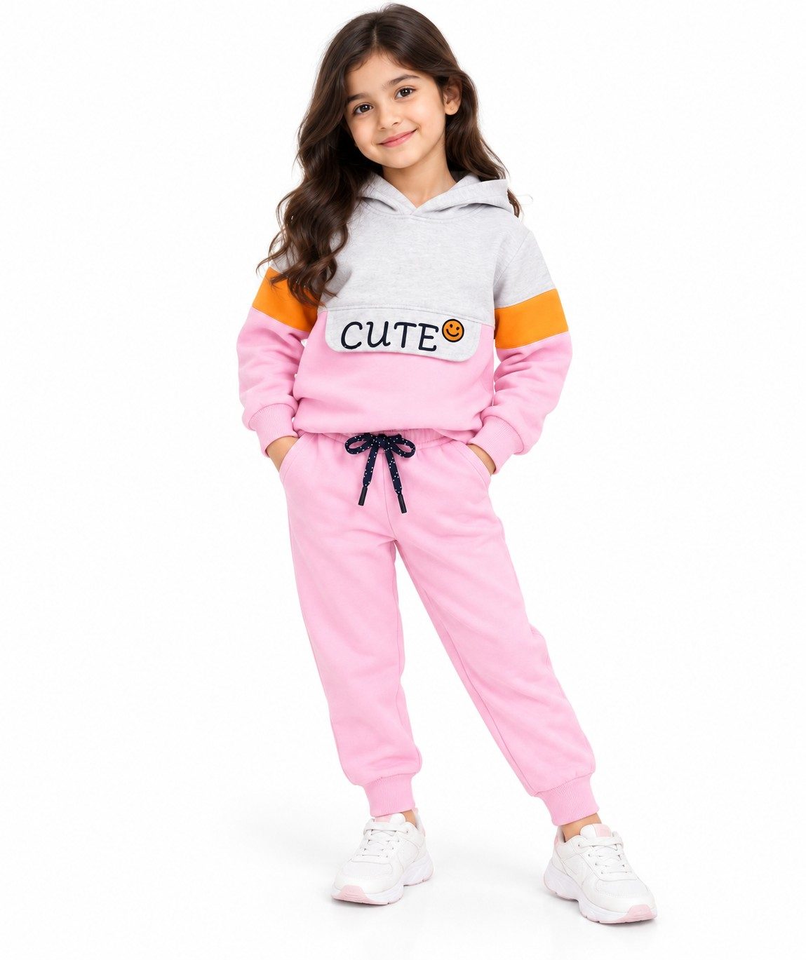 Girls Cute Smiley Patch Fleece Tracksuit - Baby Pink & Grey