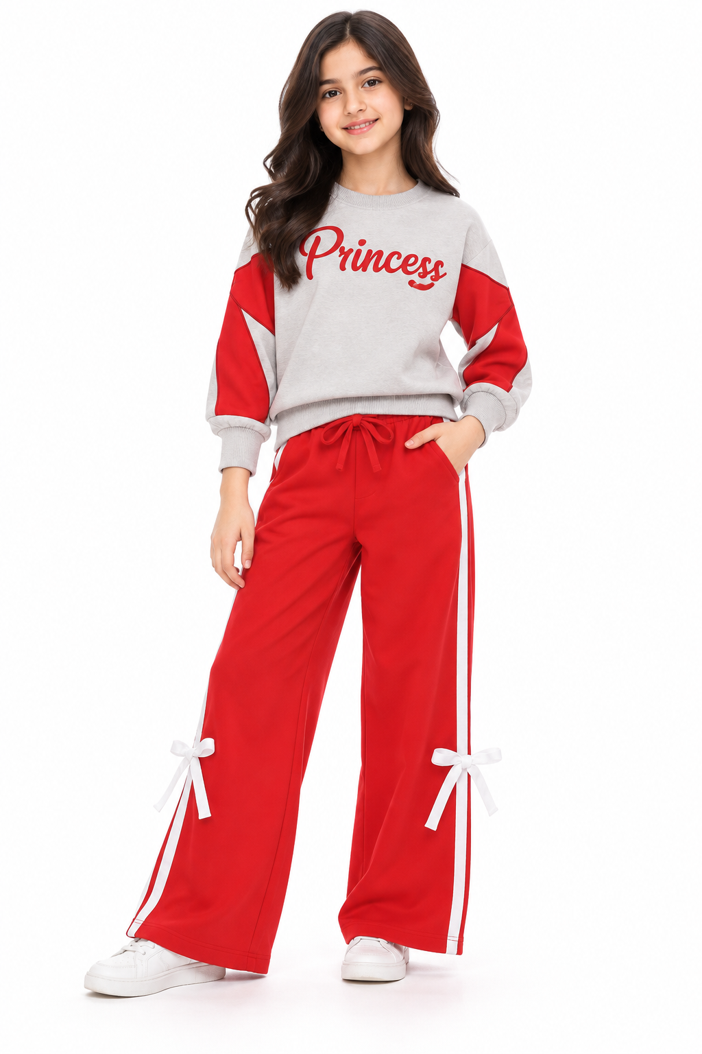 Princess Print Whit Bow Fleece Tracksuit - Skin & Red