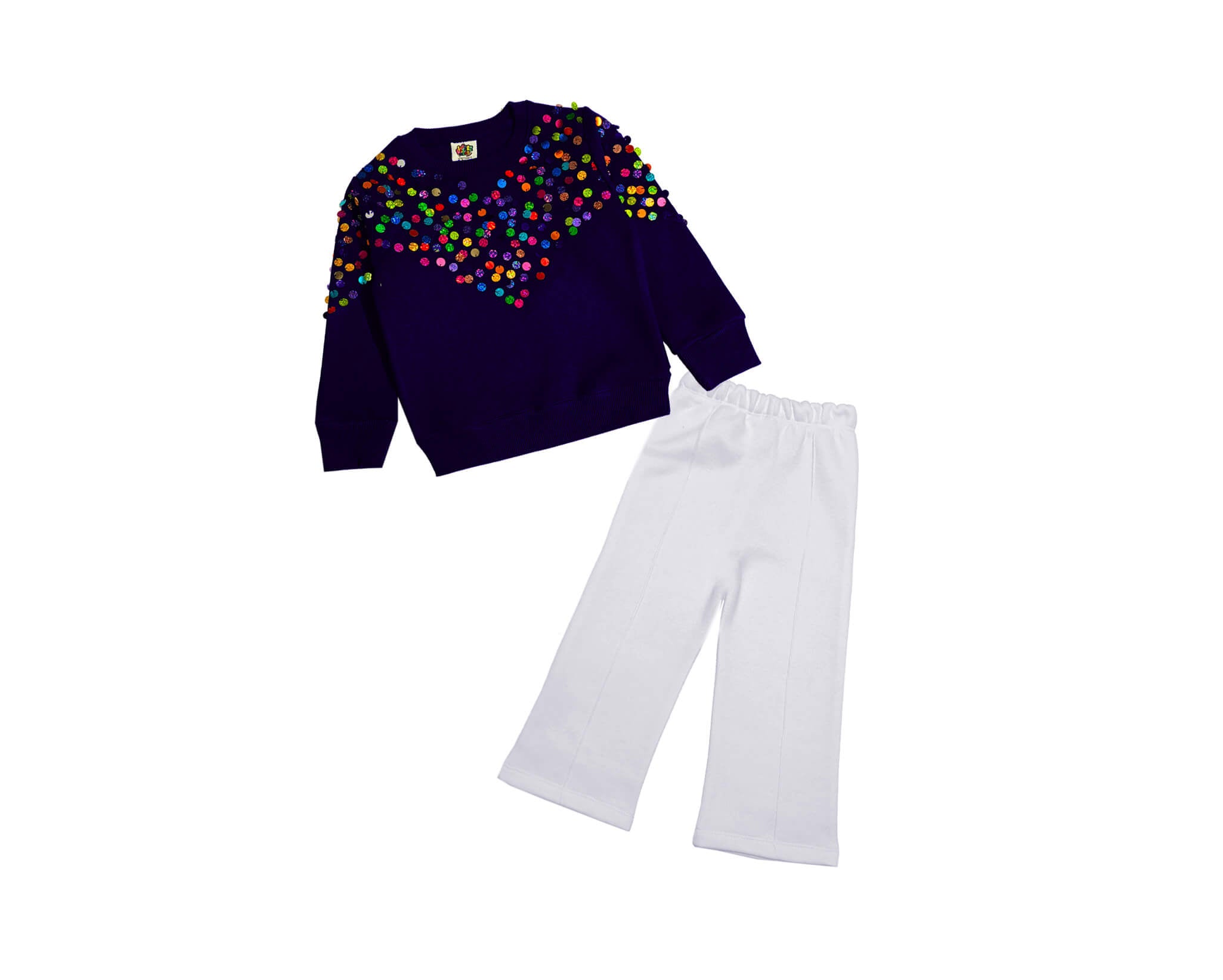 Snap Embellishmint Sweatshirt with Flare Trouser Suit - Navy Blue &amp; Ash White