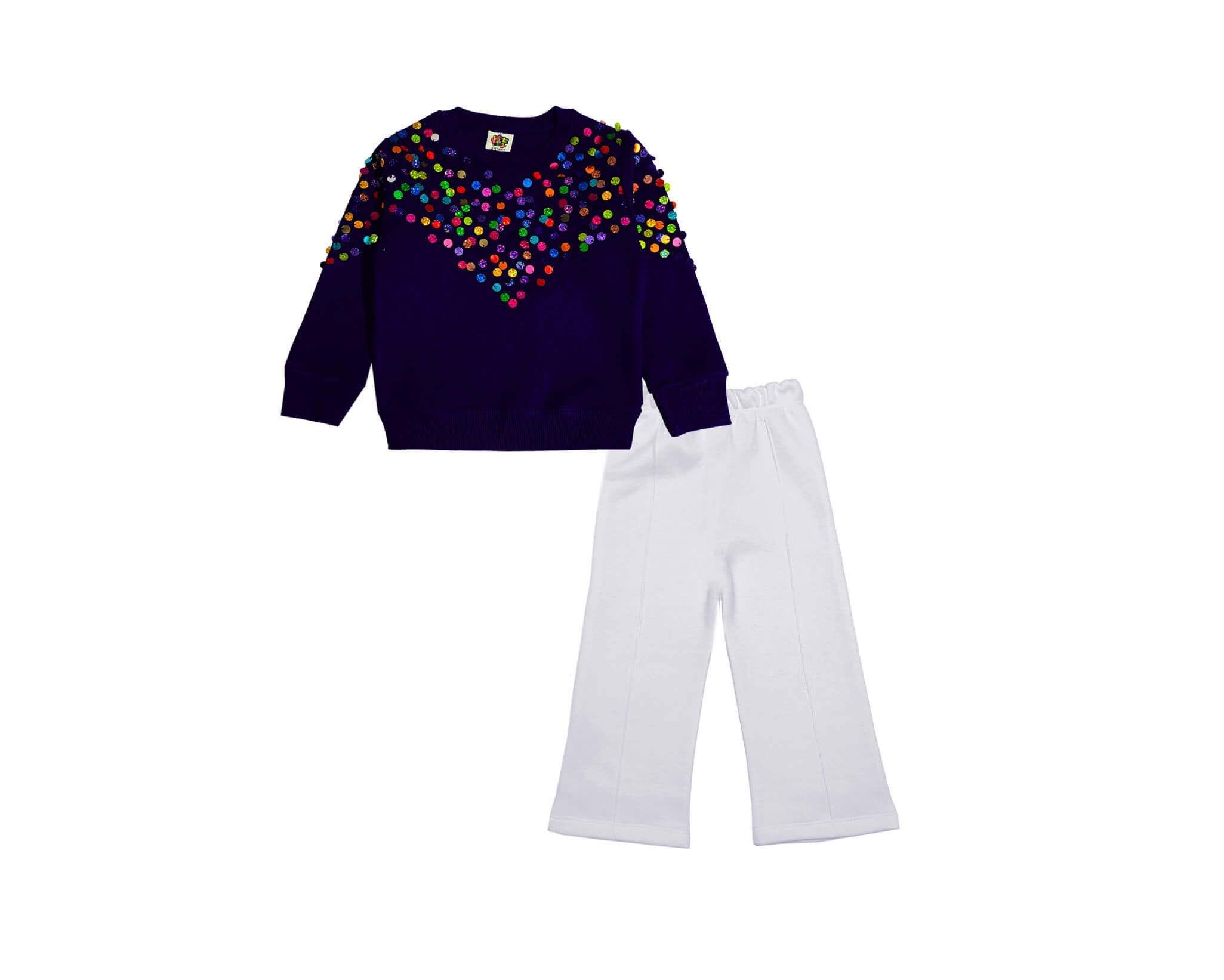 Snap Embellishmint Sweatshirt with Flare Trouser Suit - Navy Blue &amp; Ash White