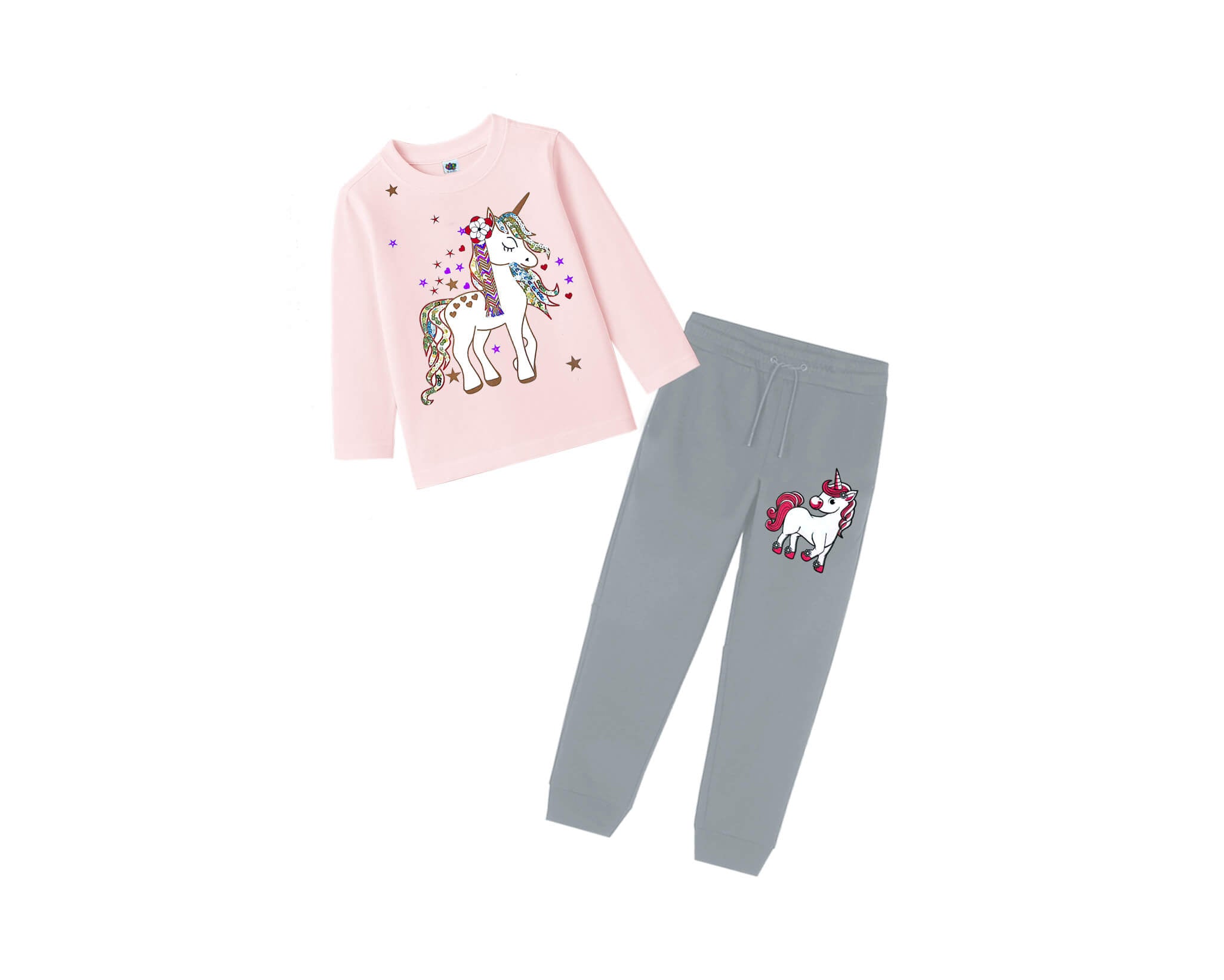Sparkle Stars Sequins Unicorn Full Sleeves Tee &amp; Trouser - Peach &amp; Light Grey