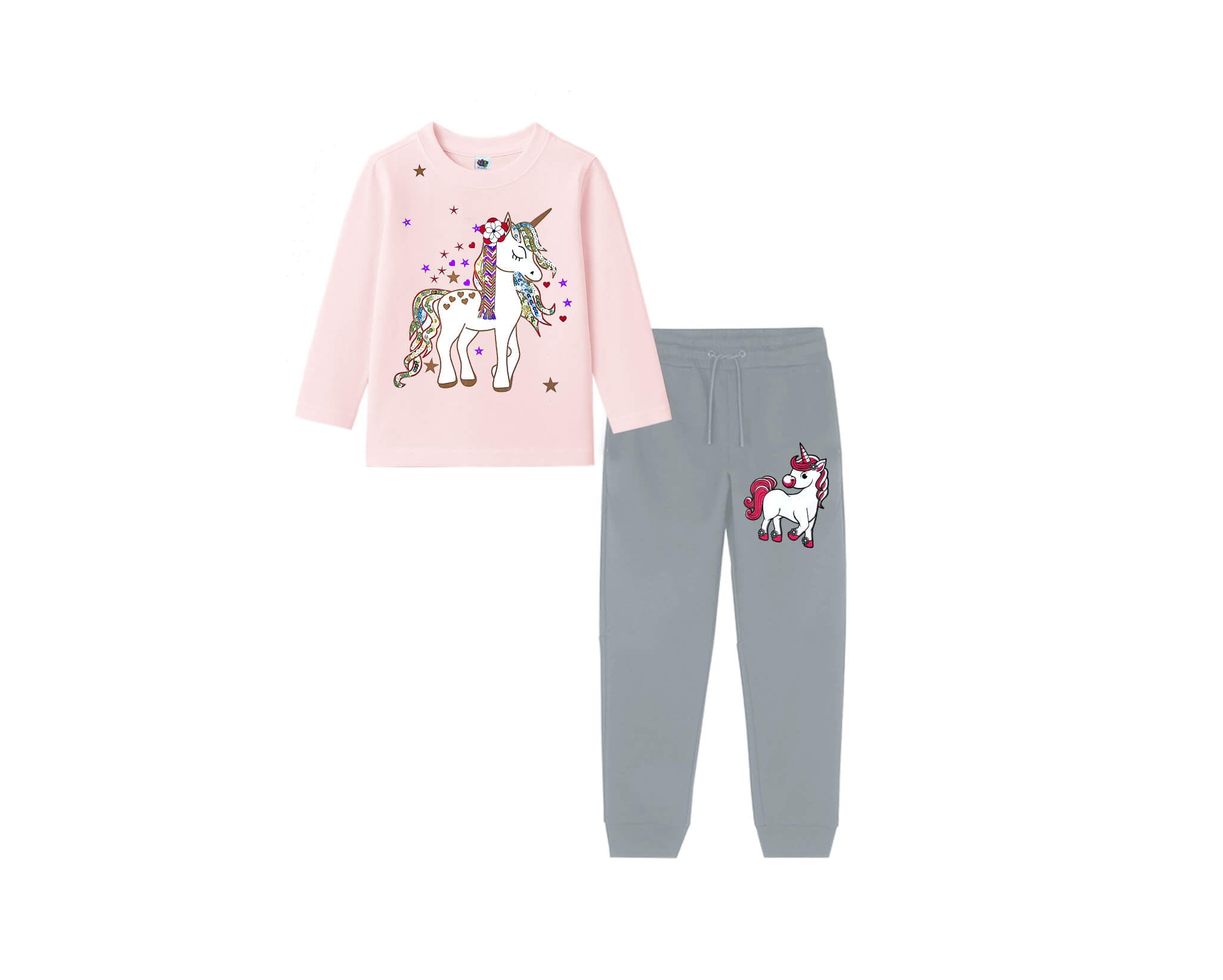 Sparkle Stars Sequins Unicorn Full Sleeves Tee &amp; Trouser - Peach &amp; Light Grey