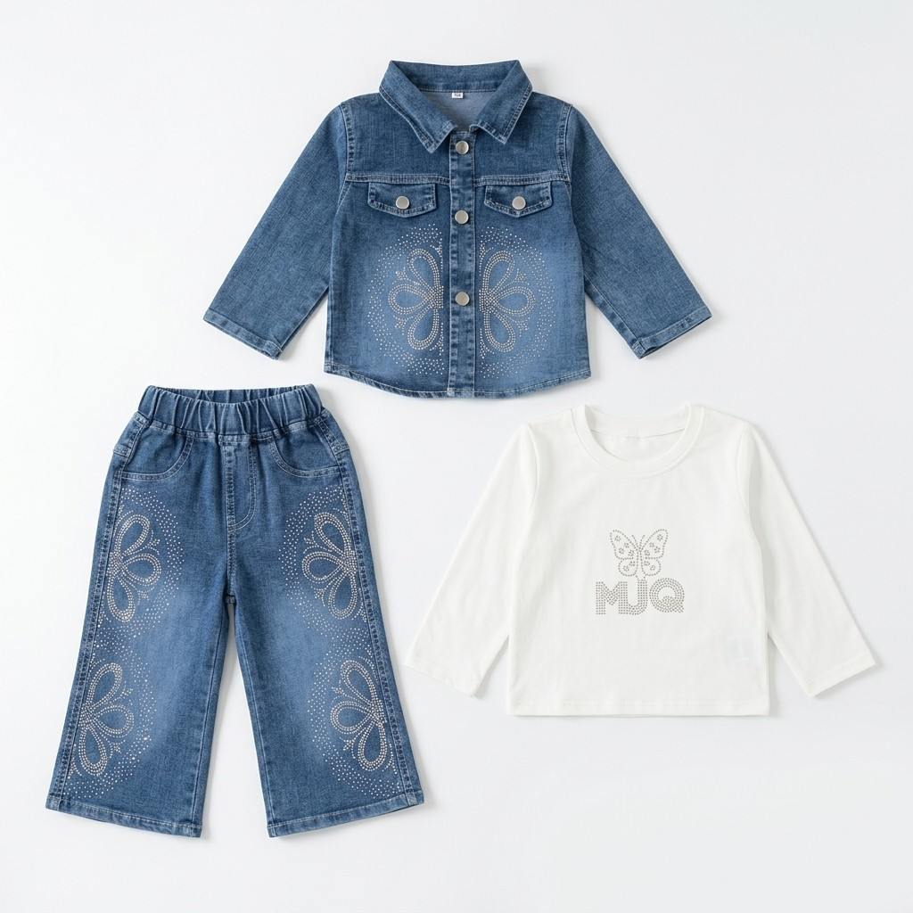 Sparkly Butterfly Embellished Denim 3 Pc Suit with White Shirt