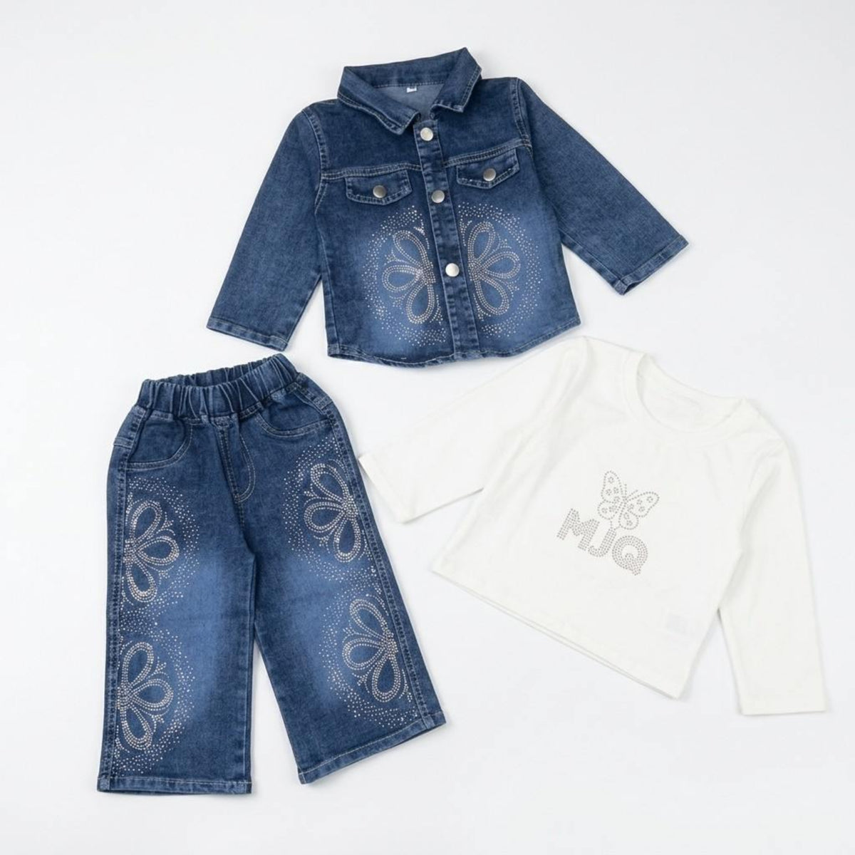 Sparkly Butterfly Embellished Denim 3 Pc Suit with White Shirt