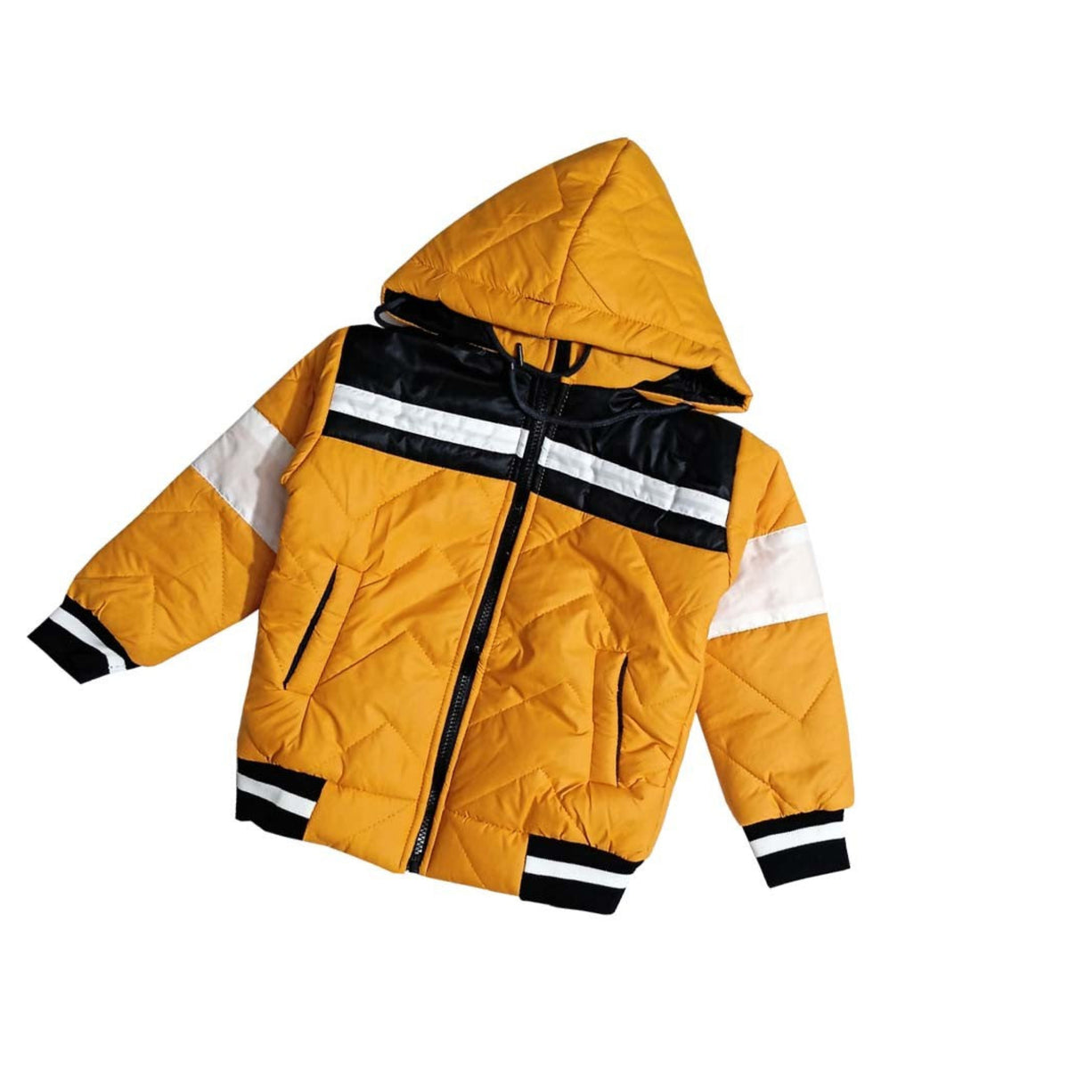 Sports Penal Full Sleeves Puffer Jacket - Mustard Black & White