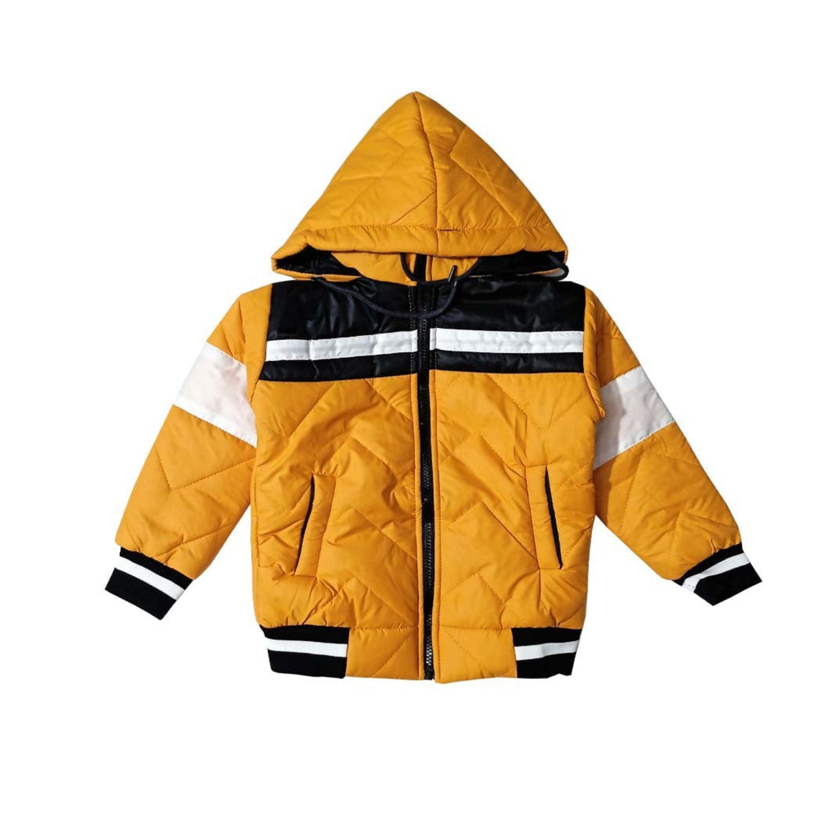 Sports Penal Full Sleeves Puffer Jacket - Mustard Black & White