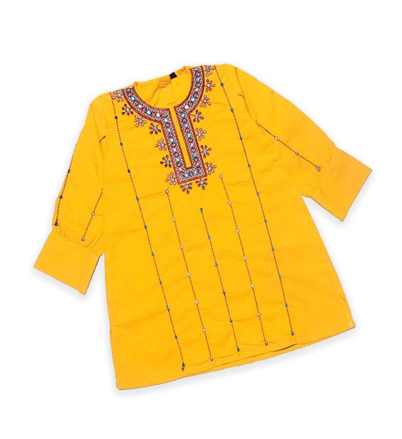 Spring Blossoms Cotton Kurti - Mustard Yellow