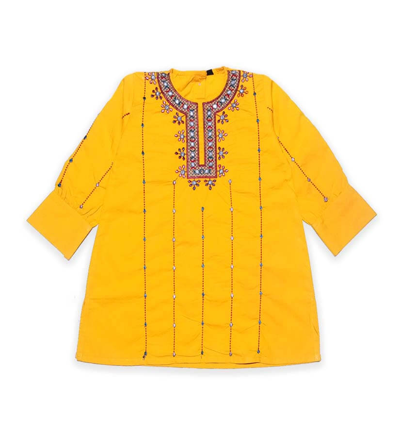 Spring Blossoms Cotton Kurti - Mustard Yellow