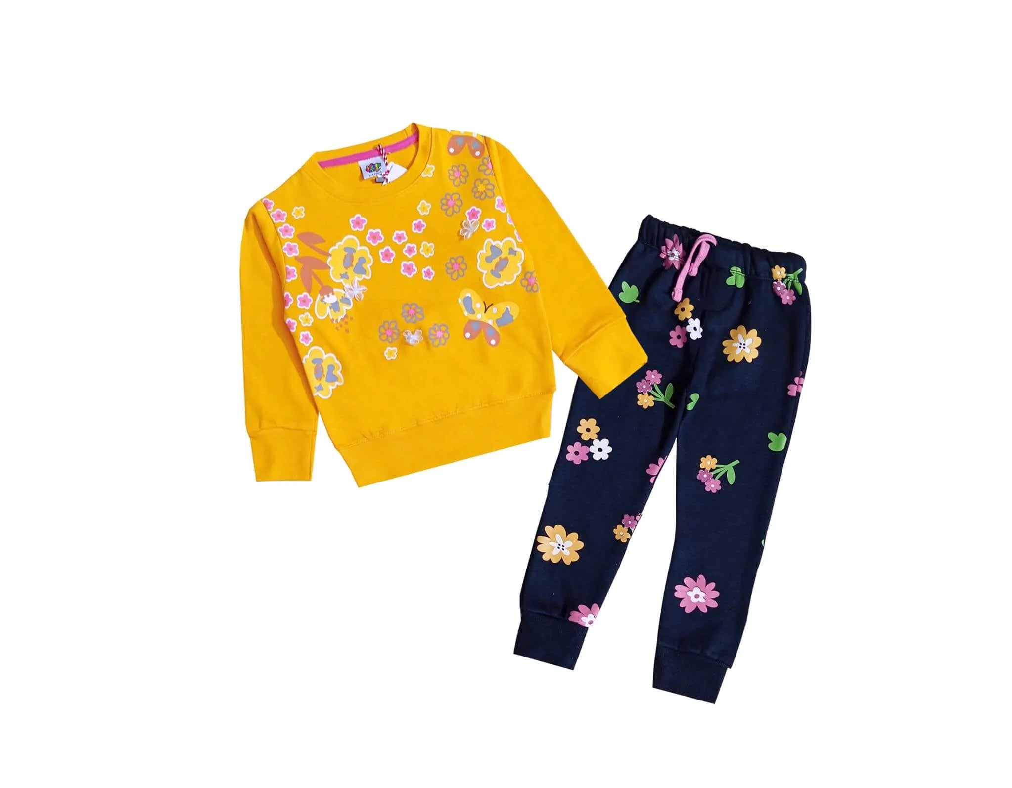 Spring Flowers Fleece Tracksuit- Mustard &amp; Navy Blue
