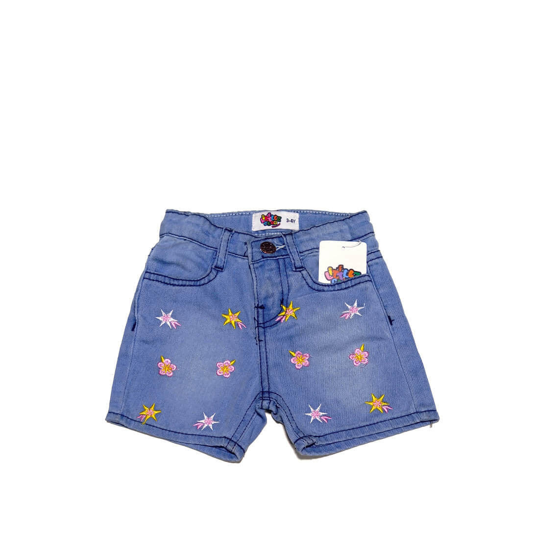 Stars & Jasmine Flowers Denim Short - Sky Blue